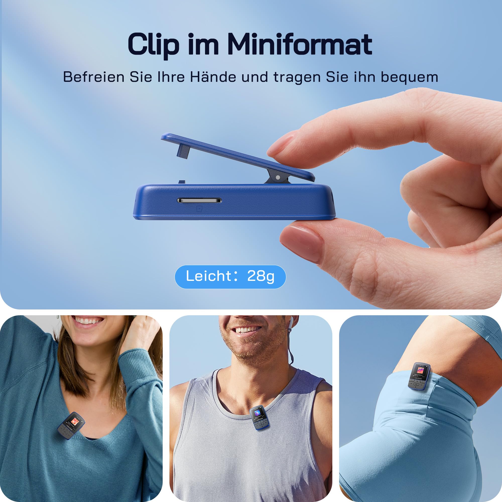 WOLFANG MP3-Player mit Bluetooth 5.2, Sportclip, Mini-Größe, Gewicht 28,3 g, HiFi FM-Radio, Diktiergerät, Kopfhörer im Lieferumfang enthalten