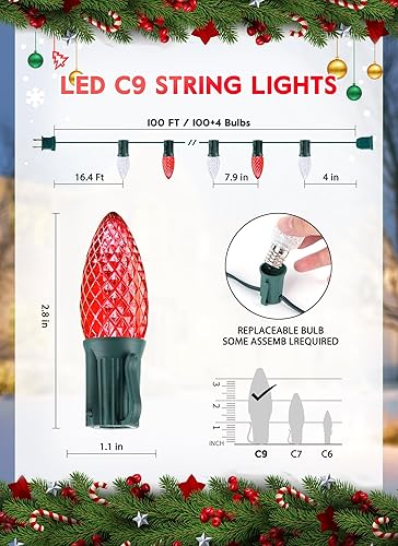 Miniatura 2 de Luces LED de Navidad Commercia de 100 pies para exteriores, impermeables, C9, con 100 bombillas C9 de fresa, conectables, certificación UL, para
