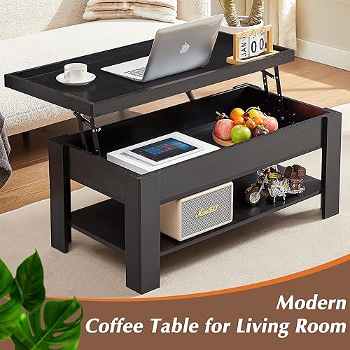 Miniatura 4 de VECELO Mesa auxiliar elevable con estante de almacenamiento y compartimento oculto para sala de estarrecepción de oficina, color negro