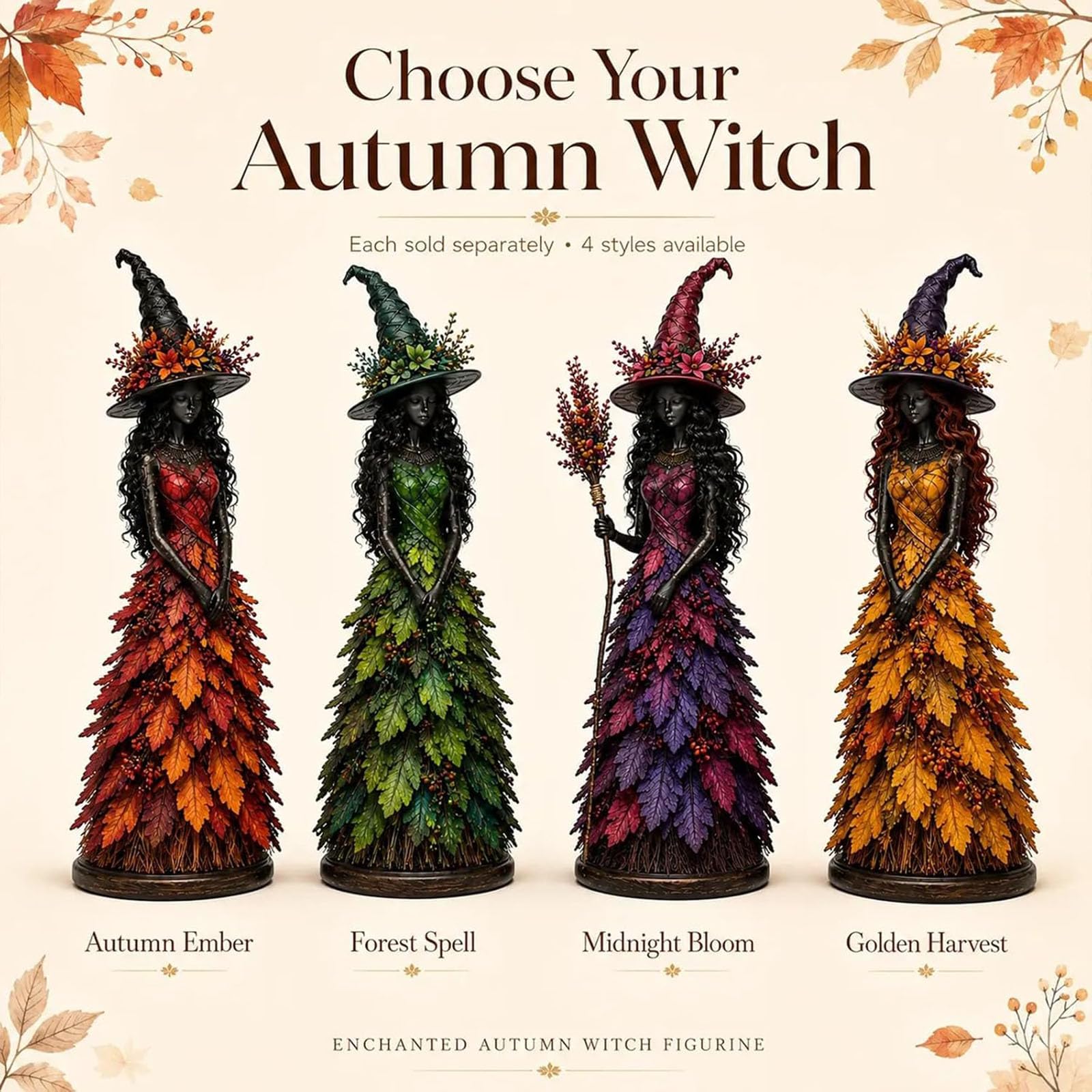 Generisch Verzauberte Herbsthexe-Figur, Herbsthexe-Halloween-Ornament, Blatt-Engel-Mädchen-Harz-Hausgarten-Dekoration für draußen, gotische saisonale Feen-Ernte-Dekoration für Zuhause (A#)