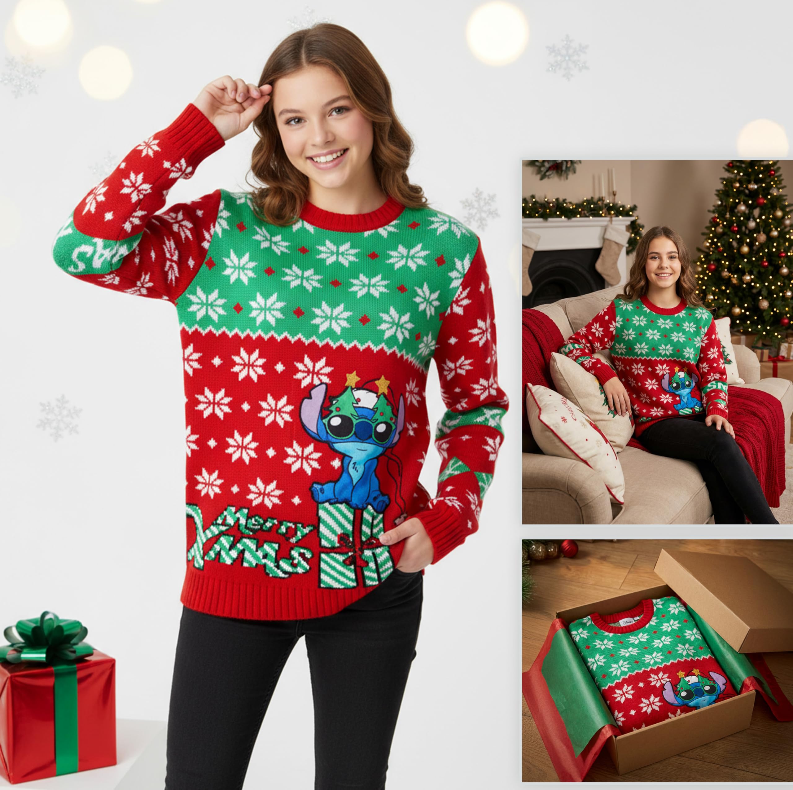 Disney Stitch Jersey de Navidad para Niñas, Suéter con Cuello Redondo