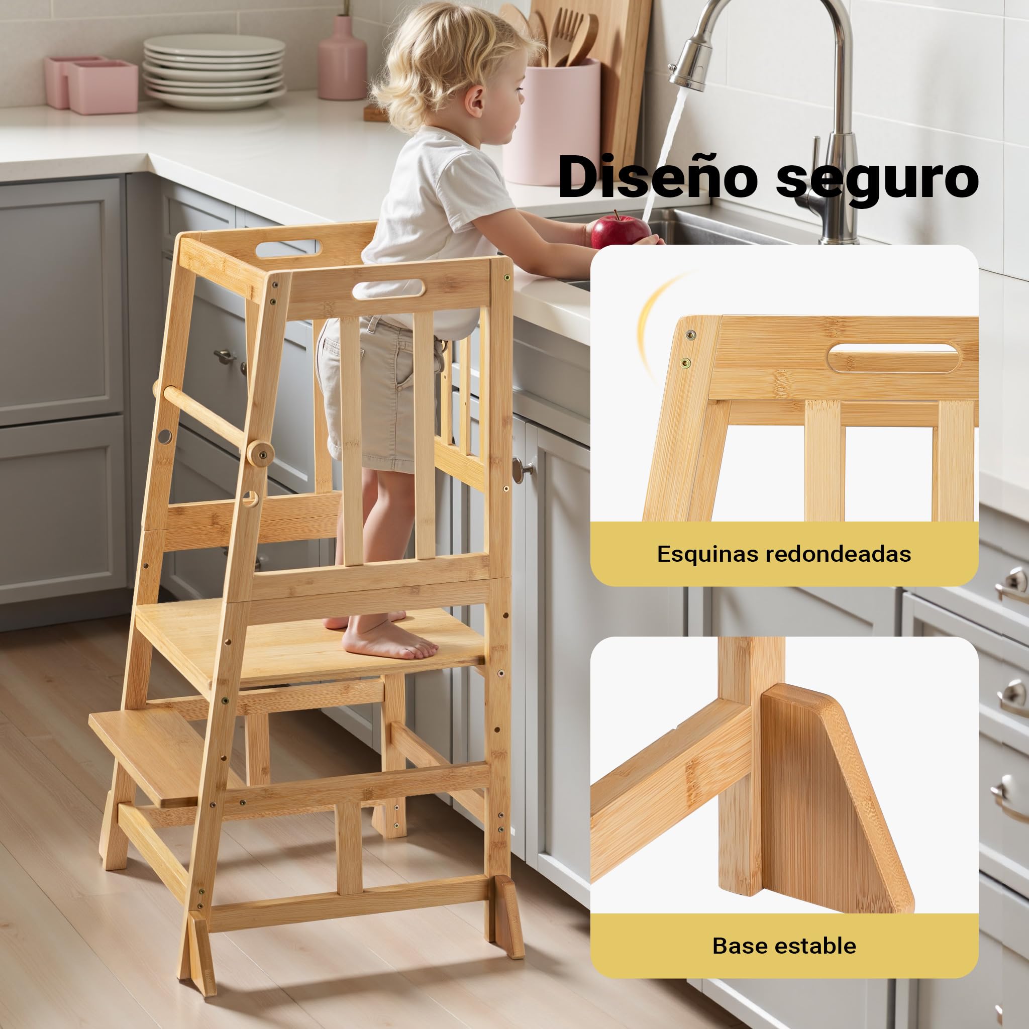 Wiltec Silla Infantil Torre de Aprendizaje 57 x 46 x 90 cm de bambú, Taburete de Aprendizaje para niños con barandilla, Torre de pie con Barra de protección