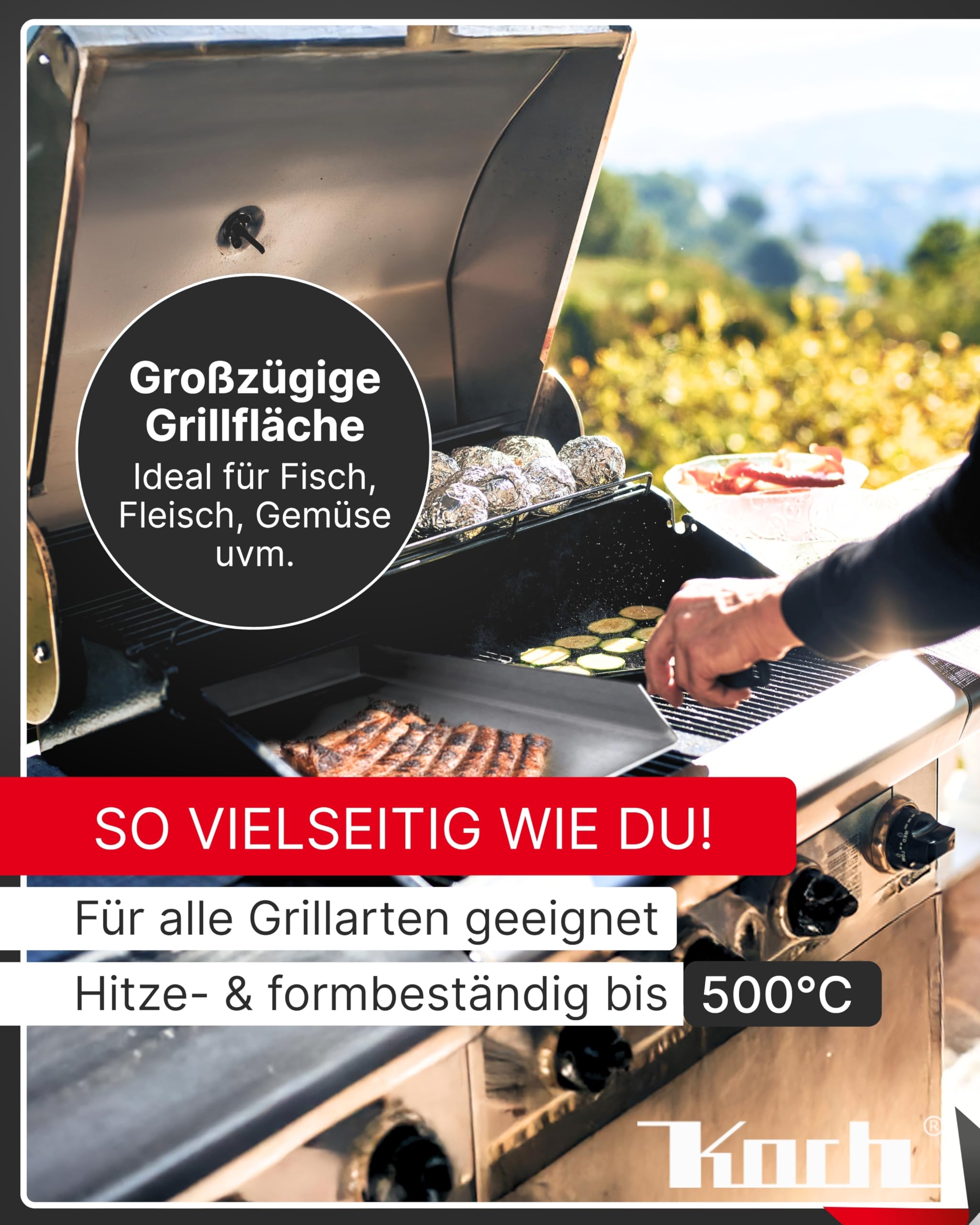 Koch Universal Grillplatte aus 100% Edelstahl - 30 x 30 x 3,5cm - Plancha für alle Grillarten - Gleichmäßige Hitzeverteilung & auslaufsichere Ecke - Rostfrei & bis zu 500°C hitzebeständig #54