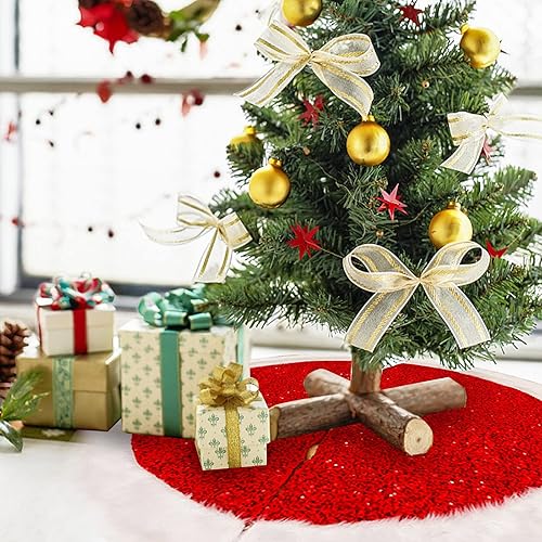 Miniatura 7 de Falda de árbol de Navidad roja de 48 pulgadas, falda de árbol de Navidad grande de piel sintética con lentejuelas, falda de árbol de Navidad de