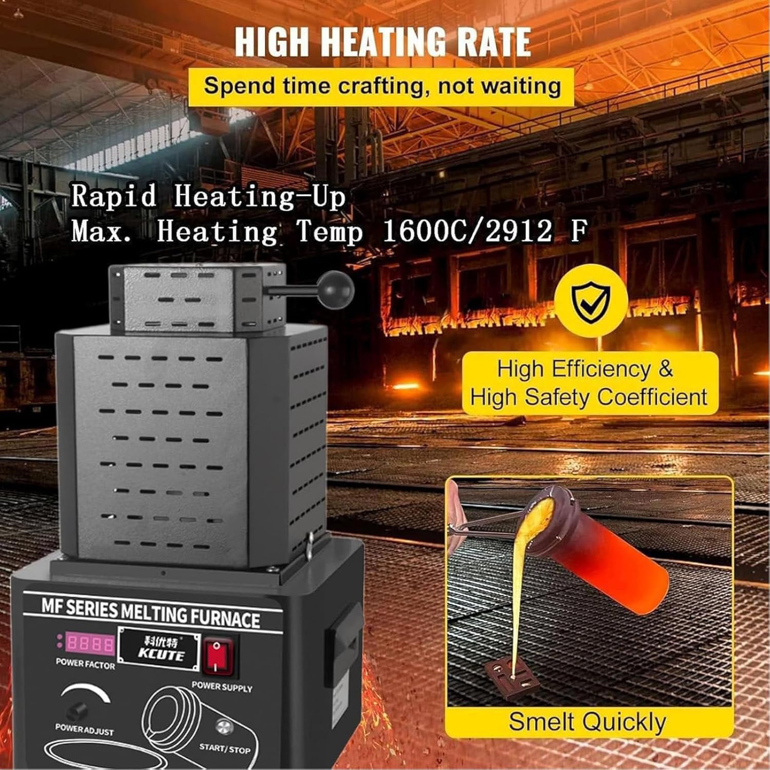 Forno di Fusione per Oro 5000 W,Temperatura Max. 1600℃/2912℉,Forno Fusorio Elettrico con Crogiolo di Grafite,Lavorazione Raffinazione di Metalli,per Oro,Argento Black-3kg