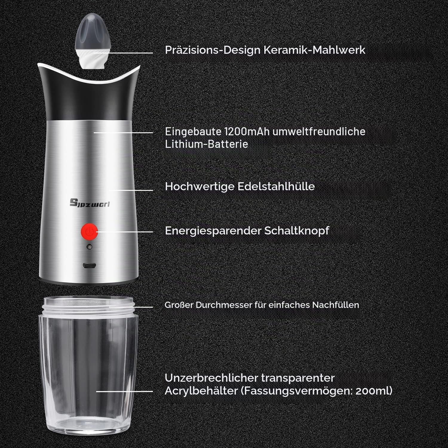 Salz und Pfeffermühle Elektrisch Set: USB Aufladbar Pfeffermühle | Edelstahl Salzmühle Gewürzmühle Elektrisch Set, Einstellbare Grobheit, Einhandbedienung, 2 Pcs