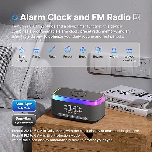 Miniatura 7 de S300 Altavoz Bluetooth portátil con carga inalámbrica rápida de 15 W, máquina de sonido de ruido blanco, reloj despertador digital, radio FM, luz