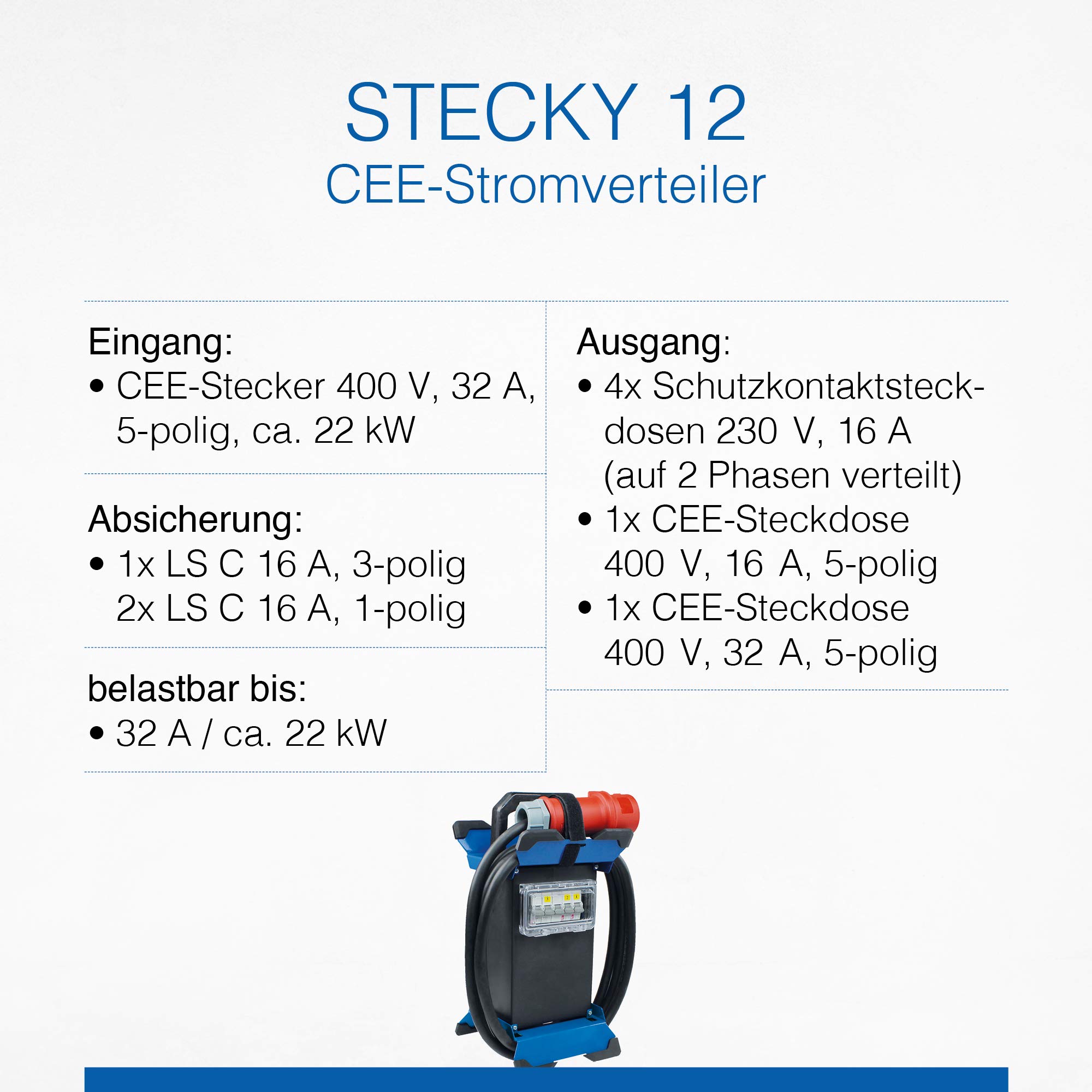 as - Schwabe Tragbarer Stromverteiler STECKY 12 - CEE Stecker 400V/32A/5polig - 4x Schuko, 1x CEE 16A, 1x CEE 32A – Mobiler Adapter – Verteiler für Innen & Außen – IP44 – Made in Germany, 60962