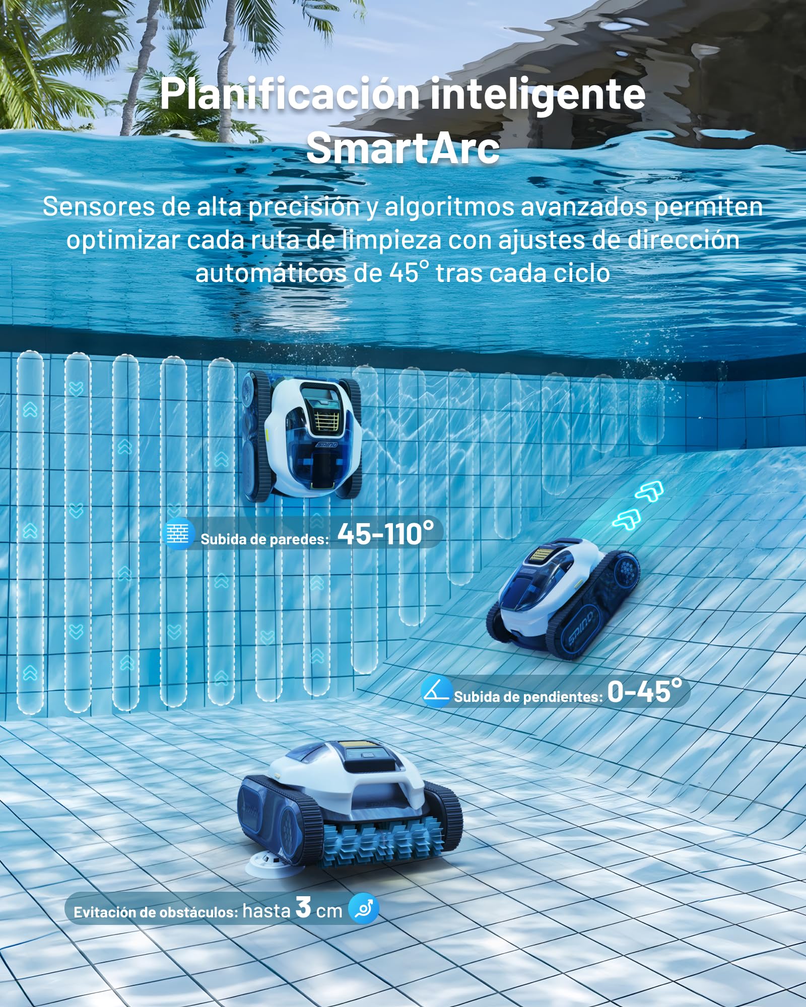 Spino E1 Robot Limpiafondos Auto de Piscina Sin Cable, Autonomía de 210 Mins, 21950 LPH MAX, 5 Modos Robot de Piscina 150㎡, Limpieza de Pared y Línea de Agua, Control por App, Viaje SmartArc
