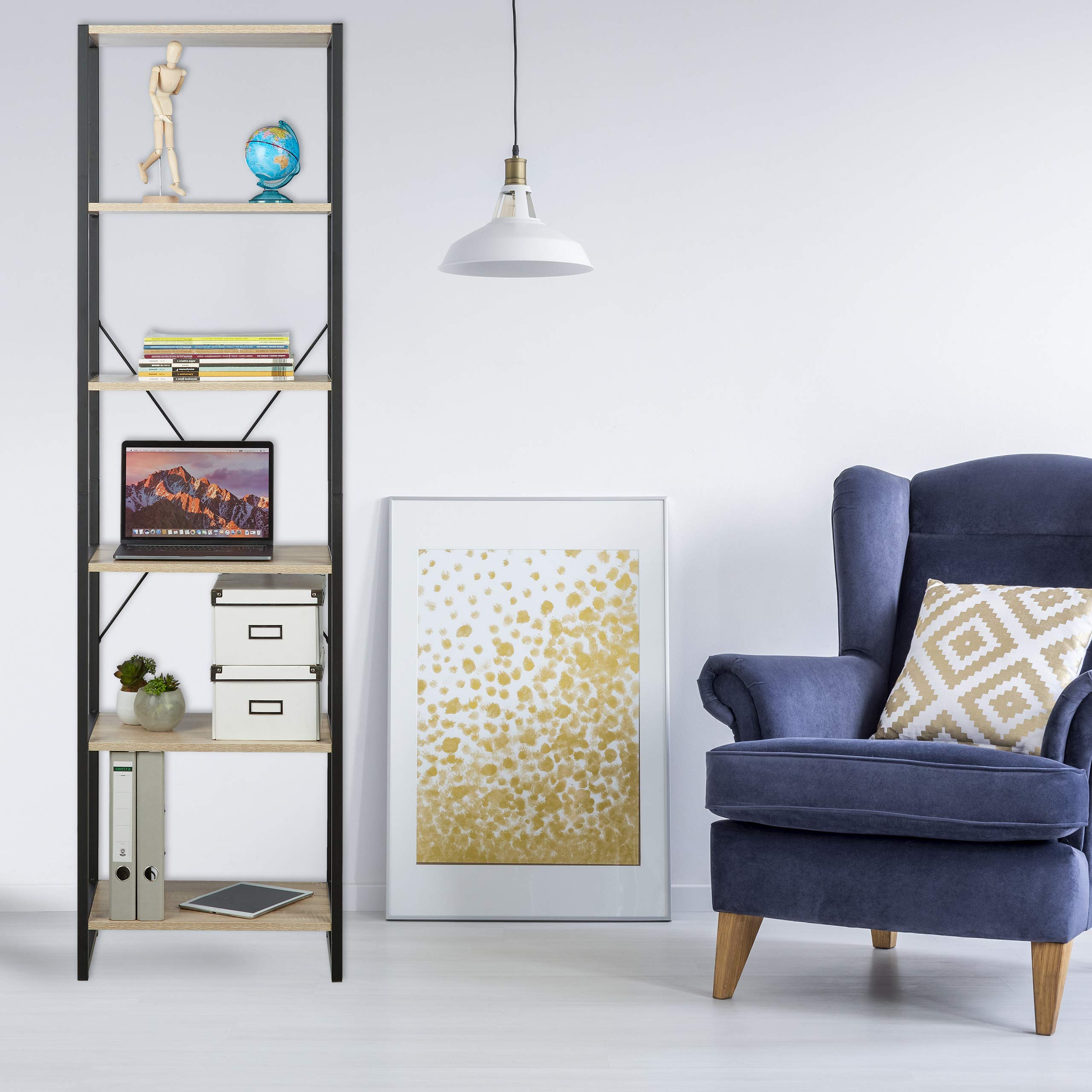 Relaxdays Scaffale in Legno Stile Industrial, Libreria con 6 Ripiani HLP: 180x50x35cm in Rovere/Metallo, Marrone