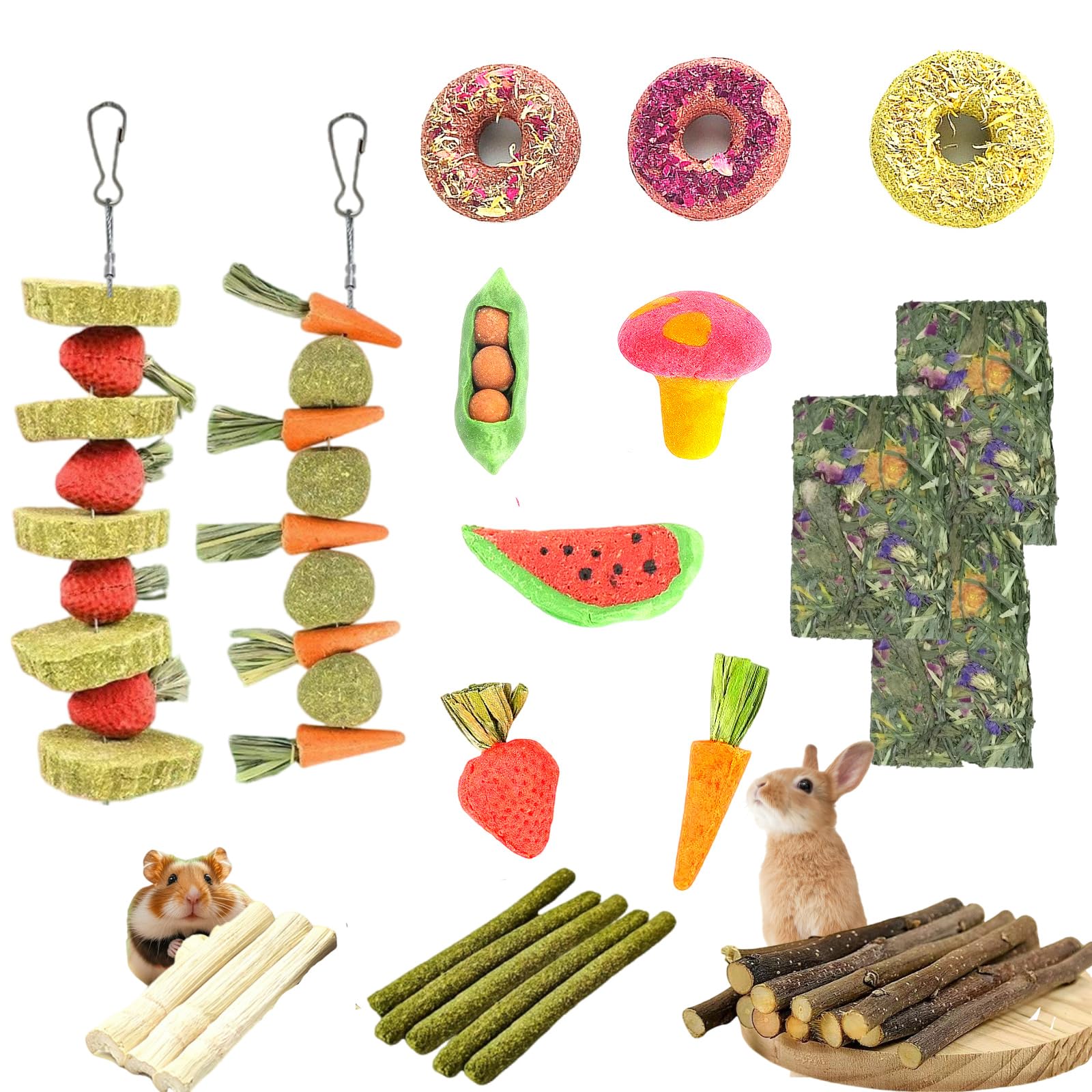 31 juguetes masticables para mascotas pequeñas para la salud dental: madera natural de manzana, palos de hierba Timothy y bambú dulce, juguetes de molienda de dientes para conejos, cobayas