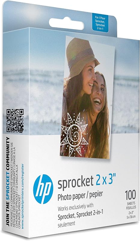 Papel fotográfico HP Sprocket Premium Zink Sticky Back de 2x3" (100 hojas) Compatible con impresoras fotográficas HP Sprocket.