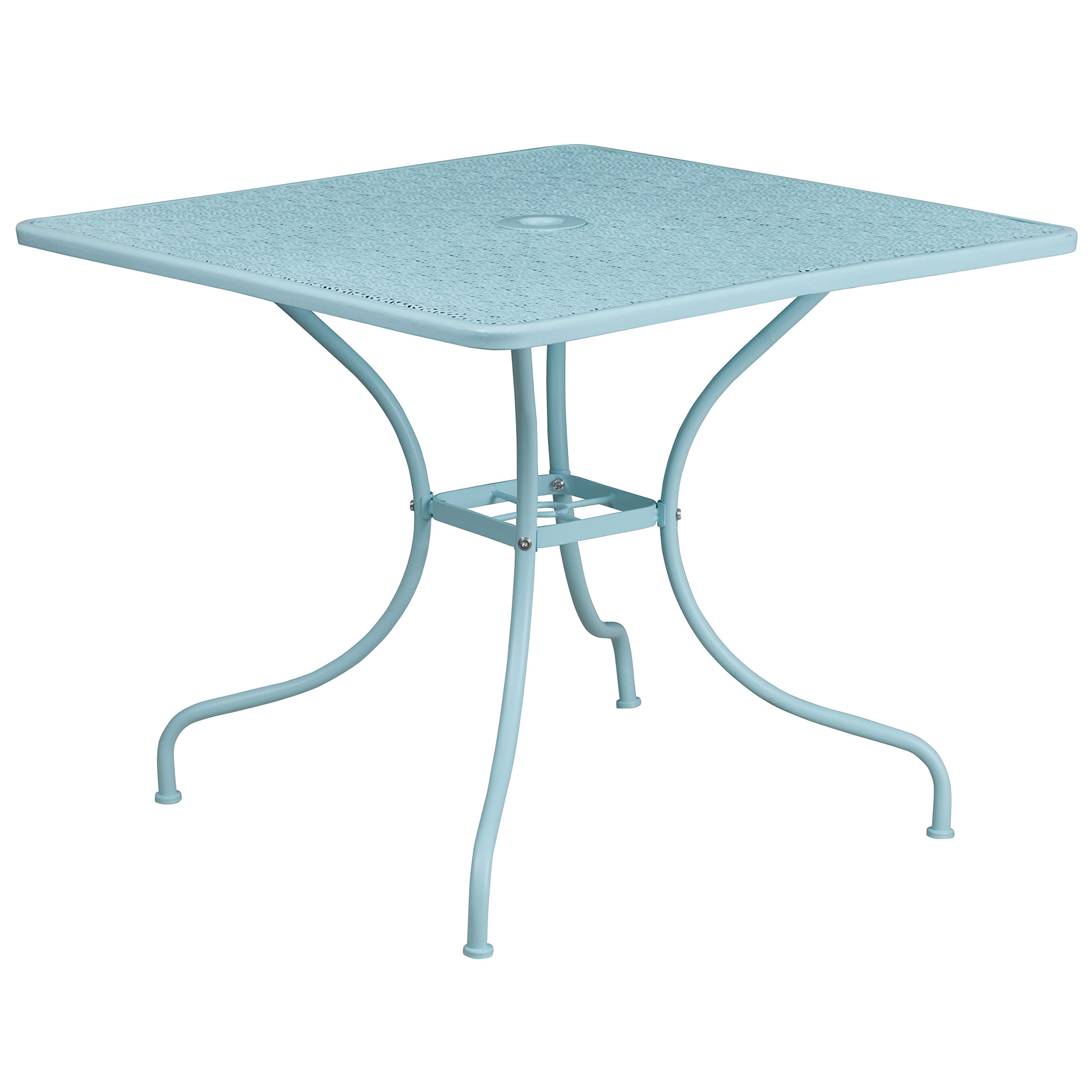 Flash Furniture Commercial Grade 35.5" Square Sky Blue Indoor-Outdoor Steel Patio Table with Umbrella Hole