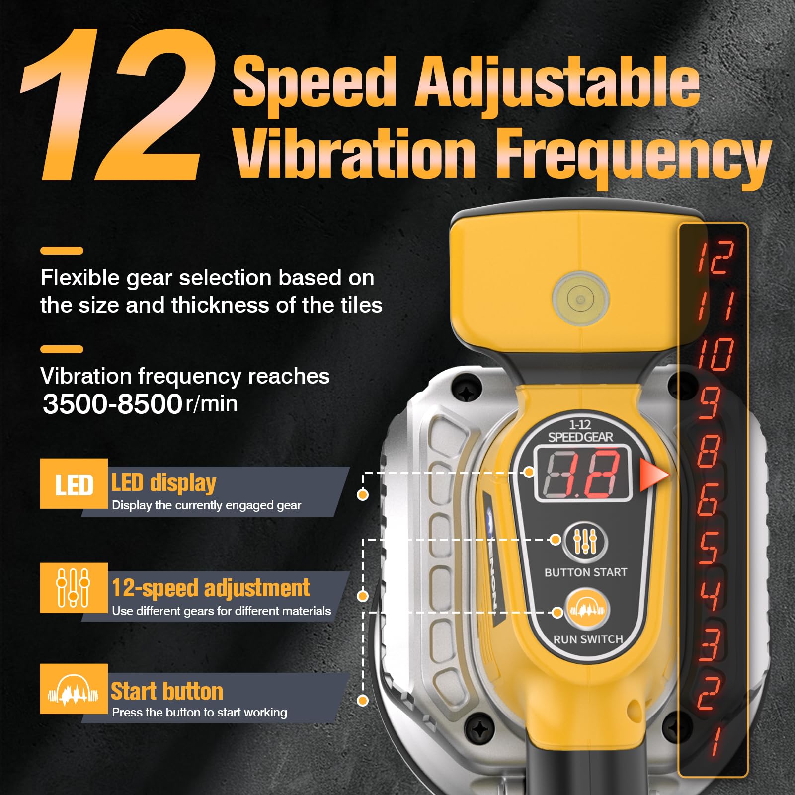 Strumento vibrante per piastrelle senza fili per batteria DeWalt da 20 V, strumento elettrico per piastrelle da 150 W con vibrazione regolabile a 12 velocità, display digitale e ventosa per