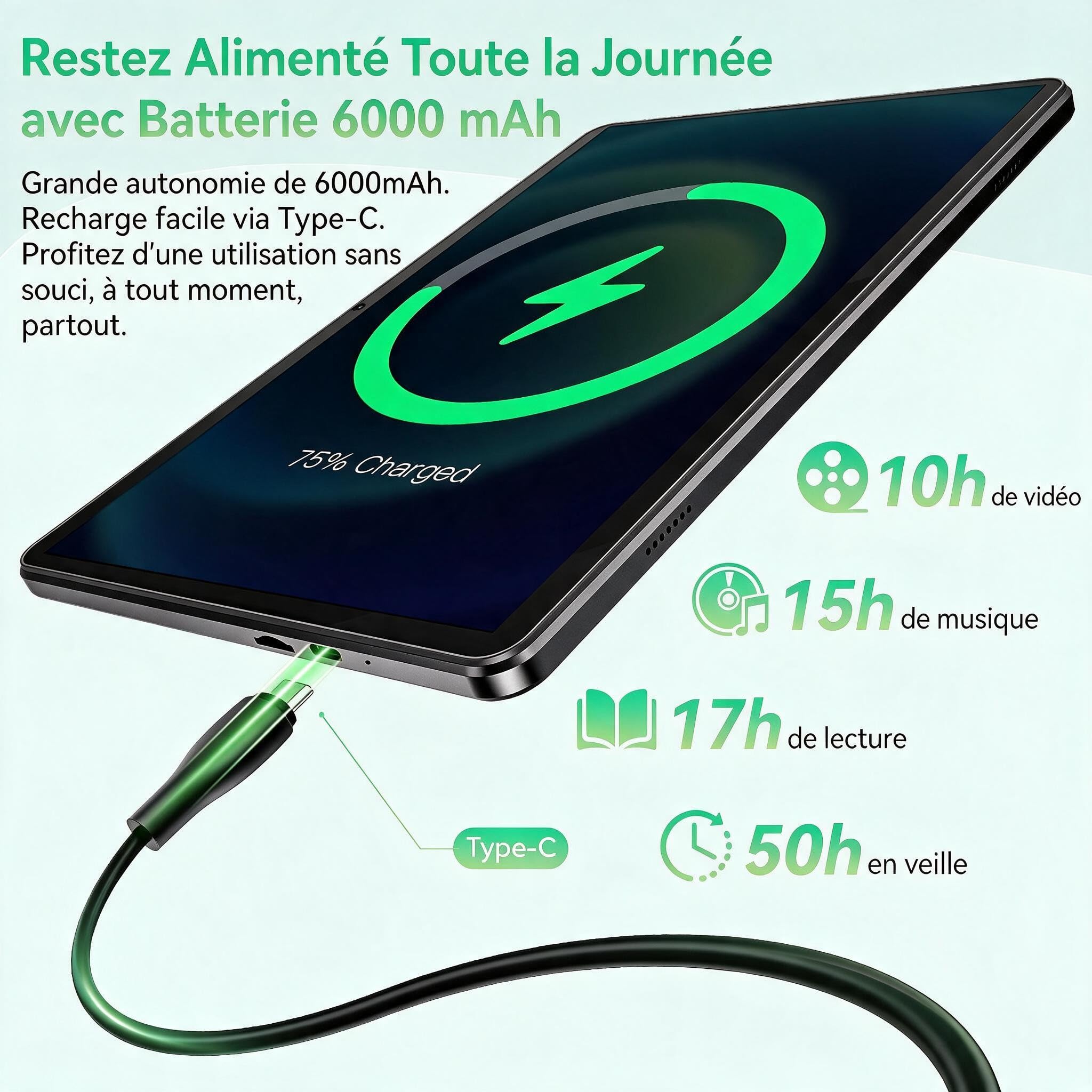 Tablette 10 Pouces, Tablette Android 15, 24Go RAM (8+16) 128Go ROM, T615 Octa-Core, TF 1To Extensible, WiFi 5G/2.4GHz, Widevine L1, Batterie 6000mAh, GPS, Face ID, Double Caméra 5MP+8MP, Noir