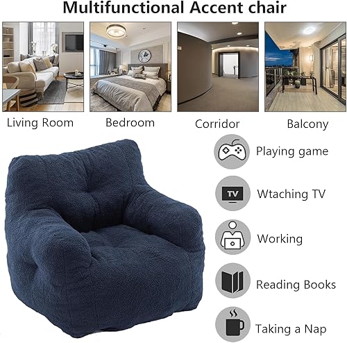 Miniatura 6 de Hison Puf para adultos y niños, tela de peluche, sofá esponjoso y perezoso, relleno de esponja viscoelástica, sofá con reposabrazos para sala de