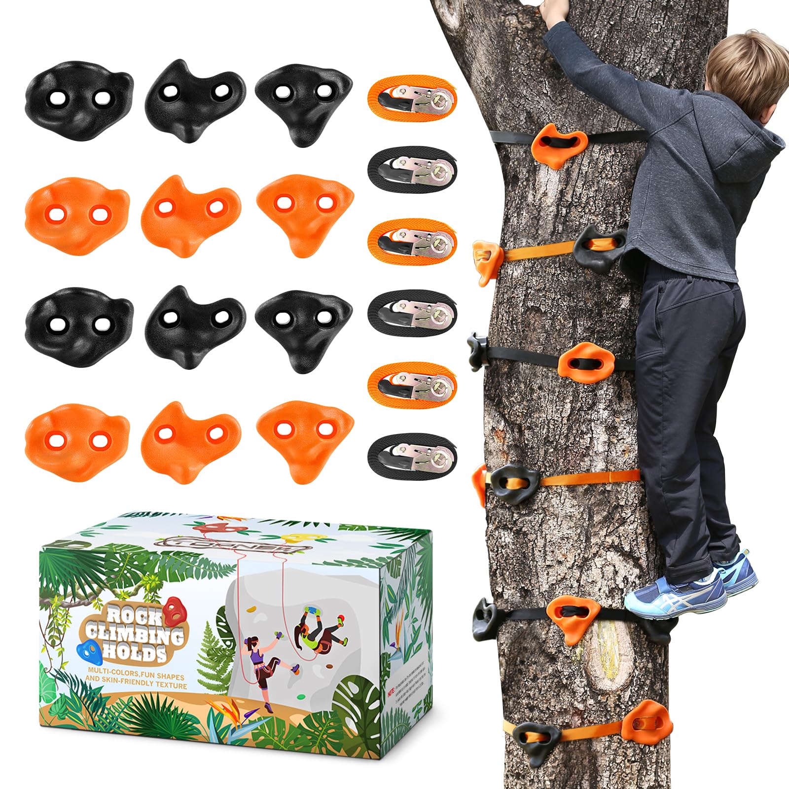 TOPNEW 12 Ninja Tree Climbing Holds for Kids Climber, Orange & Black Tree Climbing Kit with 6 Ratchet Straps for Outdoor Ninja Warrior Obstacle Course Training