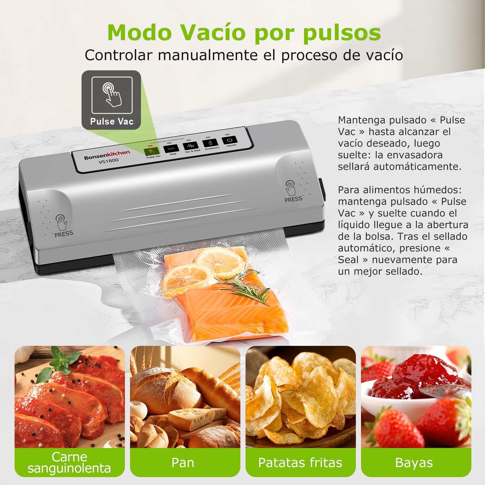Bonsenkitchen Envasadora al Vacío, Sellado Robusto 30 cm, Función Pulse para Alimentos Húmedos, Kit de Vacío Externo, Uso Continuo con Protección Térmica, con 5 Bolsas, VS1800