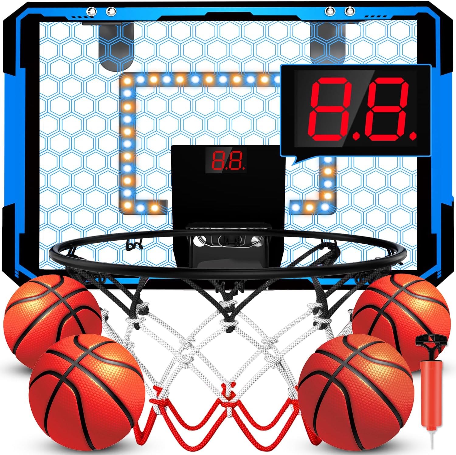 Indoor Basketball Hoop for Kids, Over The Door LED Light Mini Basketball Hoop with Scoreboard & 4 Balls - Basketball Toys Gifts for 3 4 5 6 7 8 9 10 11 12 Year Old Boys and Girls