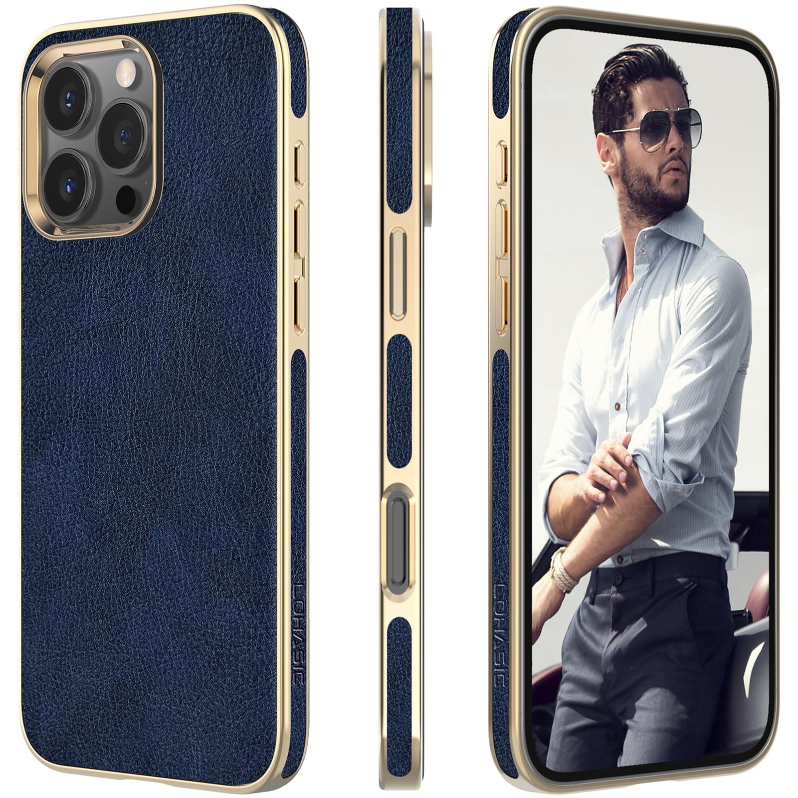 LOHASIC for iPhone 16 Pro Max Case Leather, Slim Luxury Designer Cover for iPhone 16 Pro Max, Aesthetic Business Soft Vegan Leather iPhone 16 Pro Max Case for Men Women, Navy Blue
