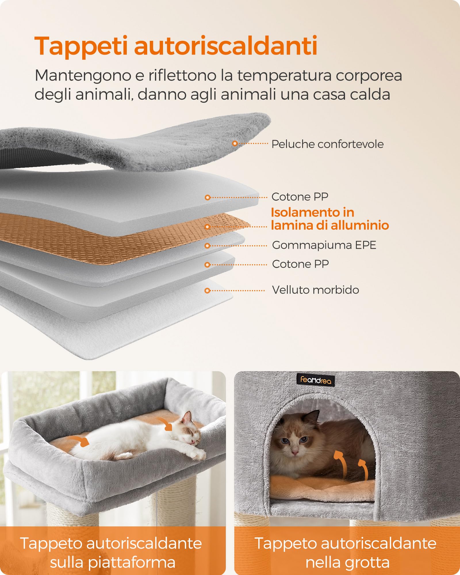 Feandrea Albero per Gatti Grandi, Tiragraffi con Tappeti Autoriscaldanti, Pattine, Graffiatoi, Grotta, Corda Sisal, per Grandi Gatti, 50 x 50 x 160 cm, Grigio Tortora e Bianco Crema PCT003N01