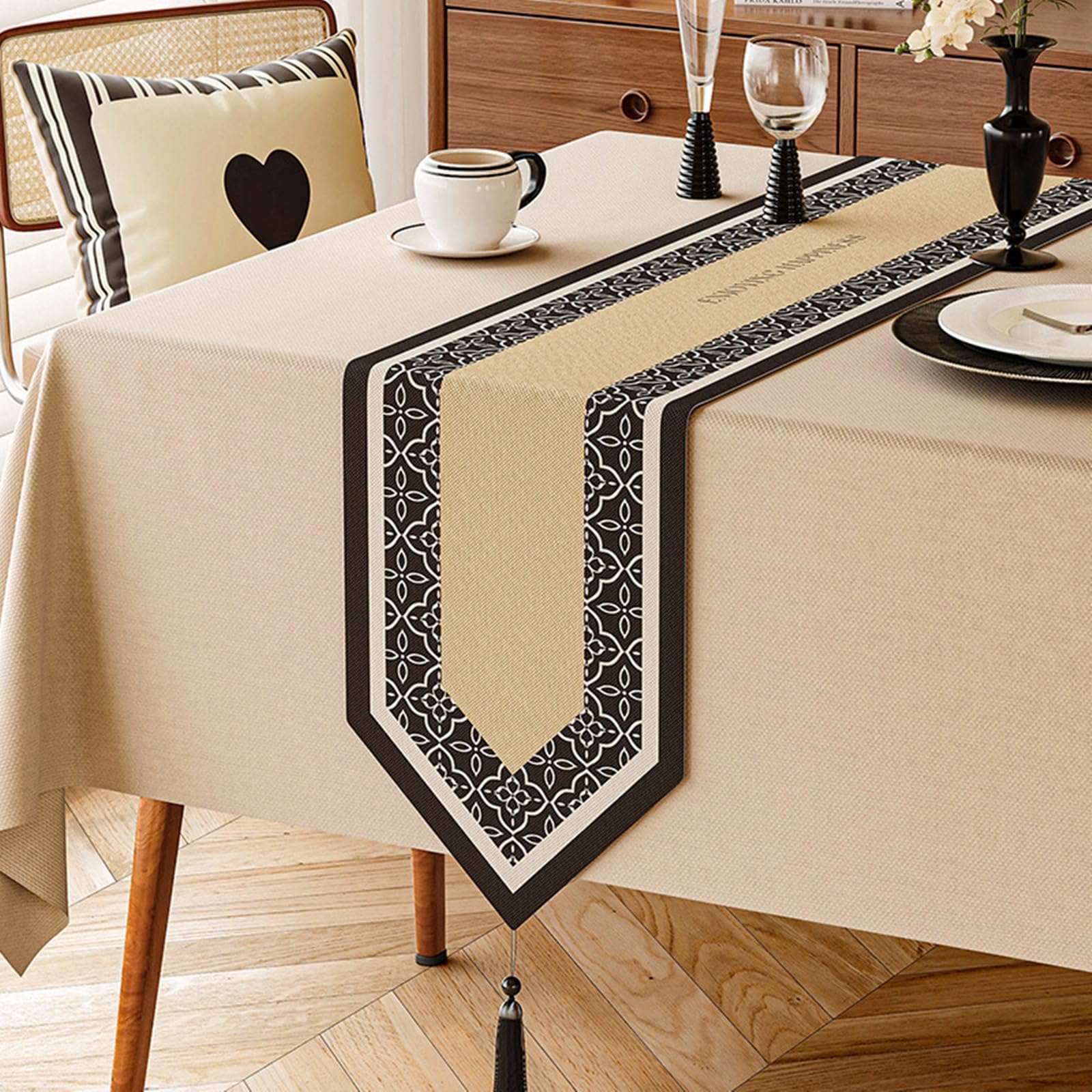 Runner da Tavolo Cotone Lino 30x220 cm, Runner da Tavola Moderno Lavabile Motivo Geometrico con Nappe Decorazioni Matrimonio Tavoli per Cucina, Nero Beige Giallo
