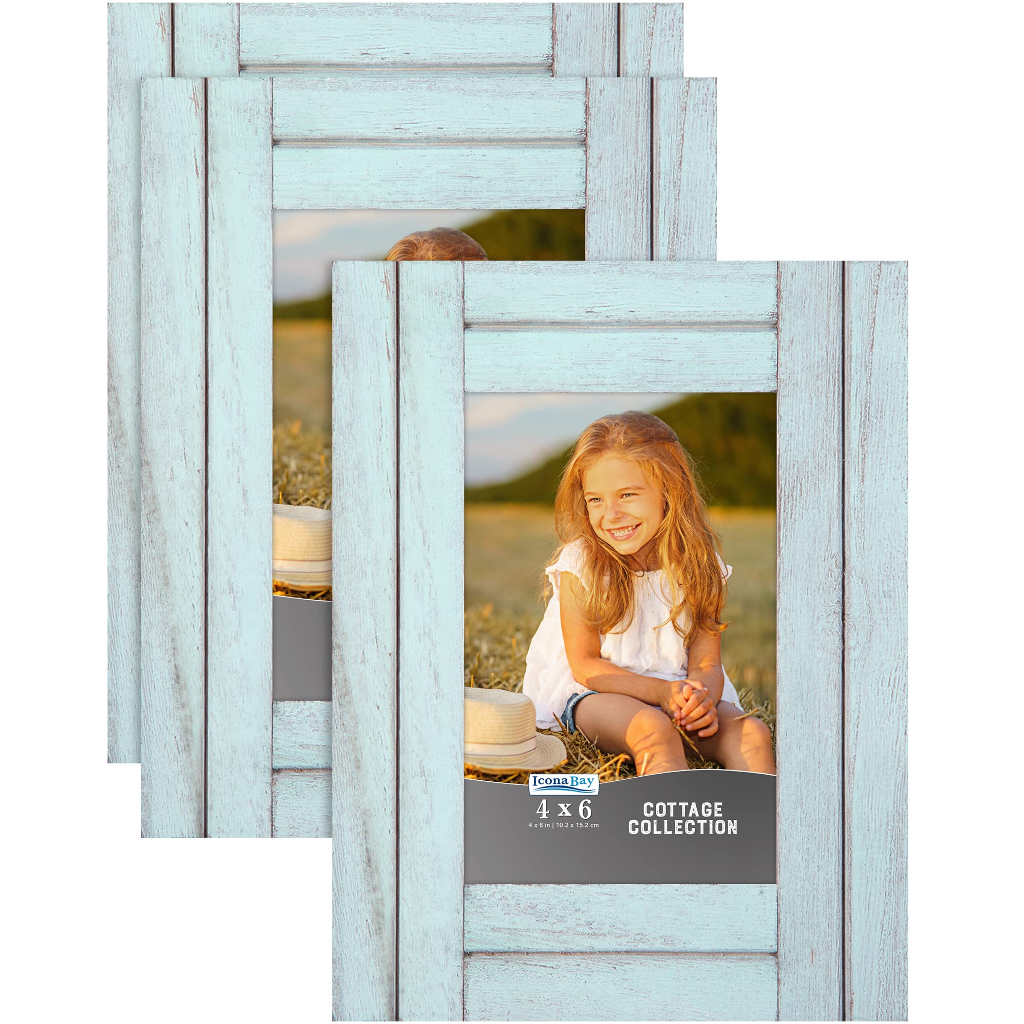 Icona Bay4x6 (10x15 cm) Picture Frames (Eggshell Blue, 3 Pack), Rustic Picture Frame Set, Natural Real Wood Frames, Cottage Collection
