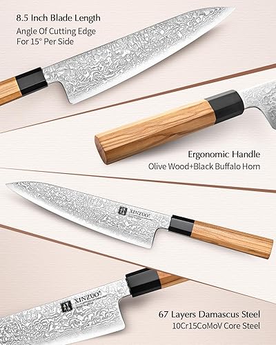 Miniatura 3 de XINZUO Cuchillo de chef de 8.5 pulgadas, 67 capas de acero de damasco forjado a mano, cuchillo de chef japonés para chefs y cocina casera, ultra