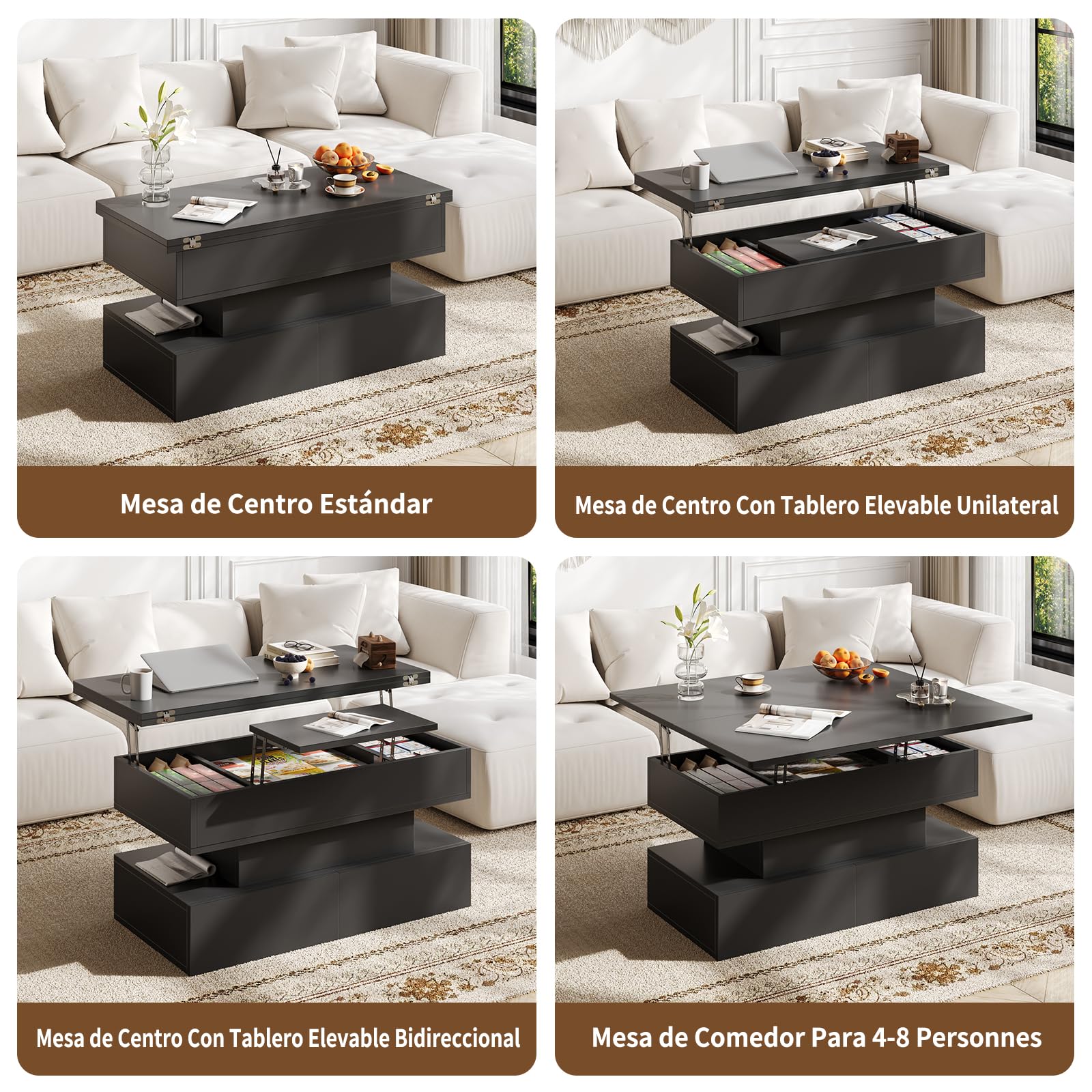 Mesa de Centro Elevable y Extensible, Mesa de Centro Salon con 3 Cajones y Espacio de Almacenamiento Oculto, Mesa de Café o Mesa de Comedor, Adecuada para Sala y Oficina, Negro