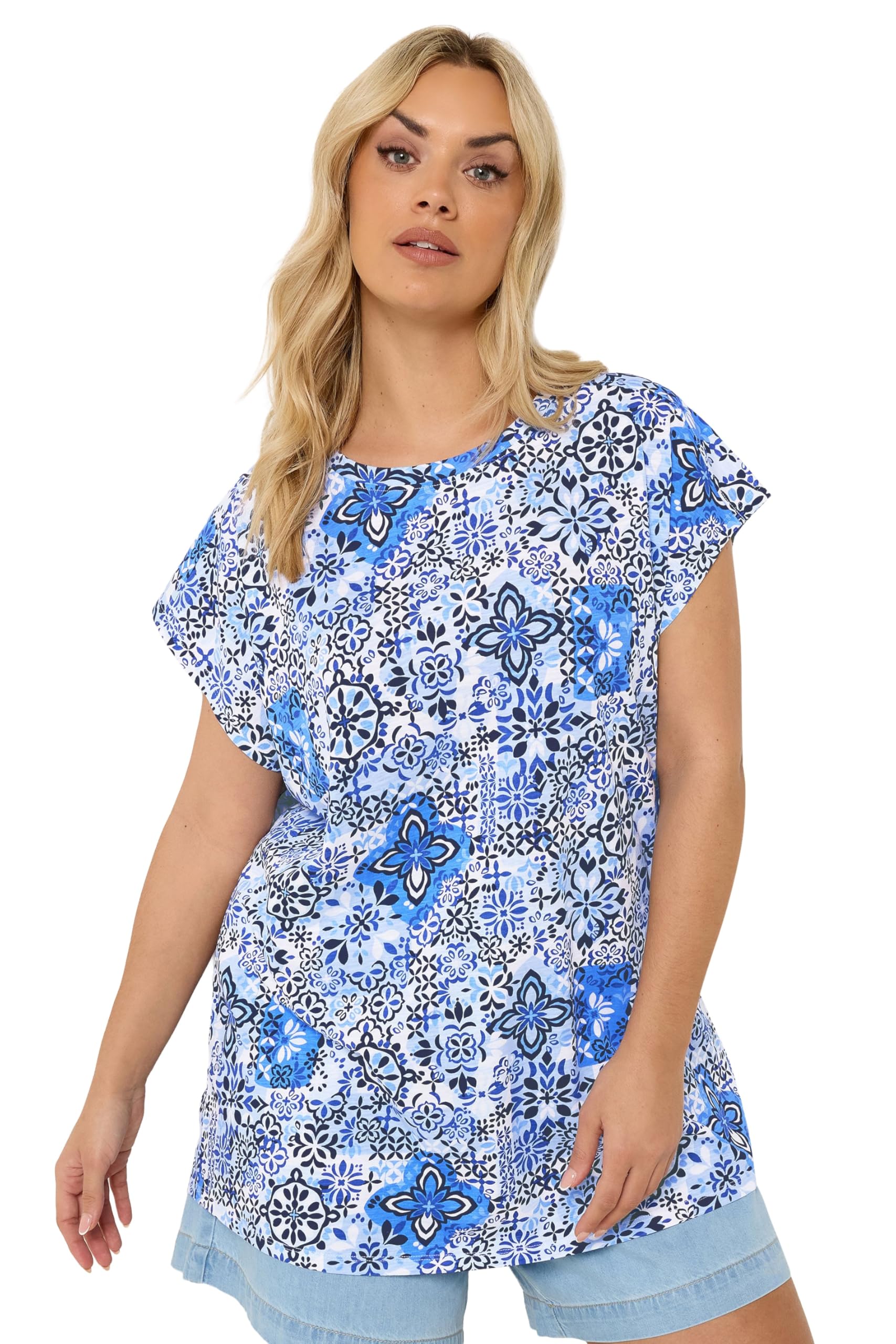 Yours Women's Blue Mosaic Print T-Shirt In | Size: 20