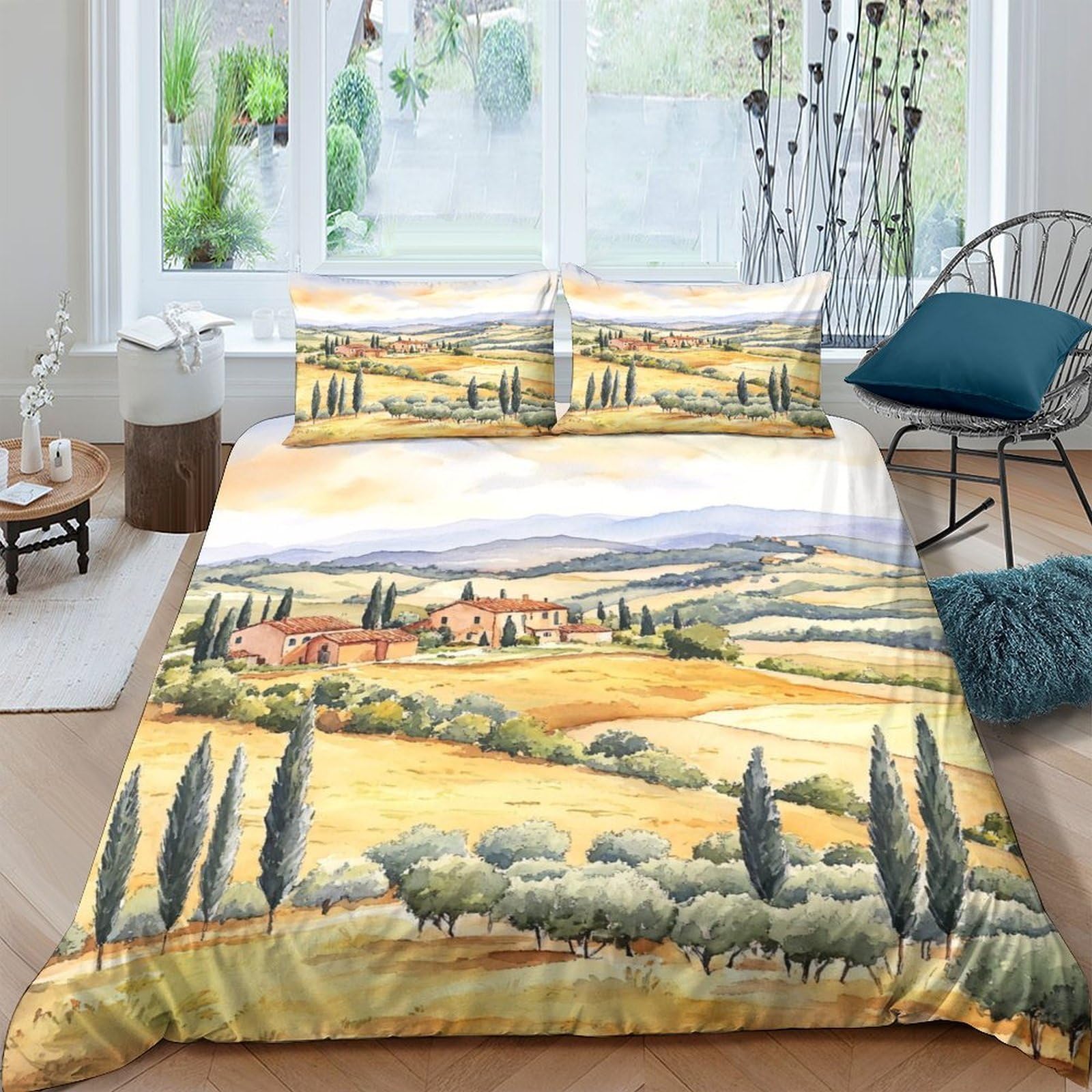 Ctjqhvkz Style-9 3D Printed Tuscan Landscape Fitted Sheet Microfiber Soft Yellow Green Countryside Bed Cover For Bedroom Guest Room Decor Single（135X200cm）