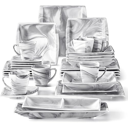 MALACASA Dinnerware Sets, 32 Pieces Porcelain Plates and Bowls Sets for 6, Marble Grey Dishes with Plates and Bowls, Cups and Saucers, Side Dish Plates, Square Dinner Set, Series Blance