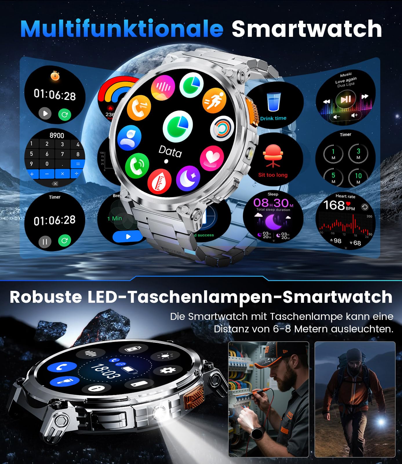 ESFOE Smartwatch Uomo Militare con 1000mAh/Torcia LED,1.85" Orologio Smart Watch con Chiamate Bluetooth,5ATM Impermeabile Tracker Attività 130+ Sportive/Cardiofrequenzimetro Argento Platino