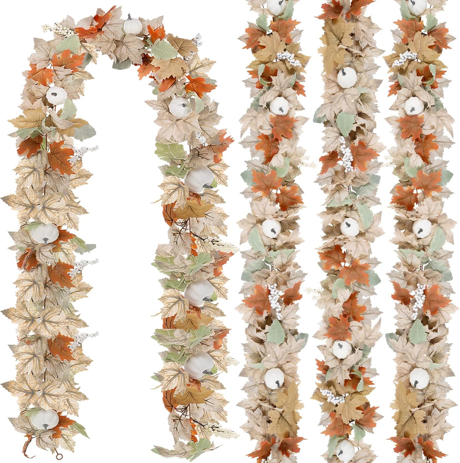 Neutral Fall Garland for Mantle Fireplace - 4 Pack Toatal 36Ft Outdoor Autumn Leaves Decor for Home Front Door with Pumpkins Indoor Maple for Farmhouse Stairs Porch Halloween Thanksgiving Decorations 9Ft 4