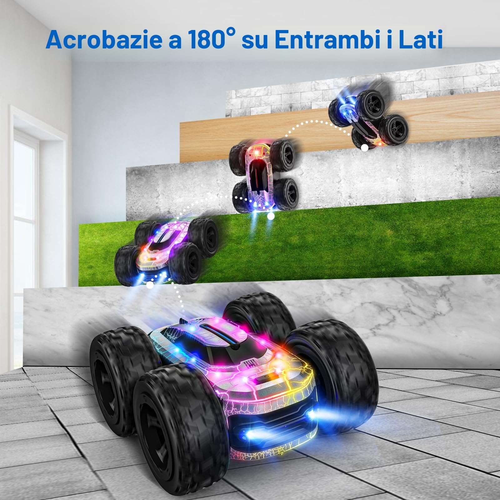 Macchina Telecomandata, Rotazione a 360° con Luce LED 2.4GHZ 4WD RC Auto Telecomandata 3-12 Anni RC Auto Giochi Interno All'Aperto Giardino Regalo Bambino Compleanno Giocattolo, Aregento