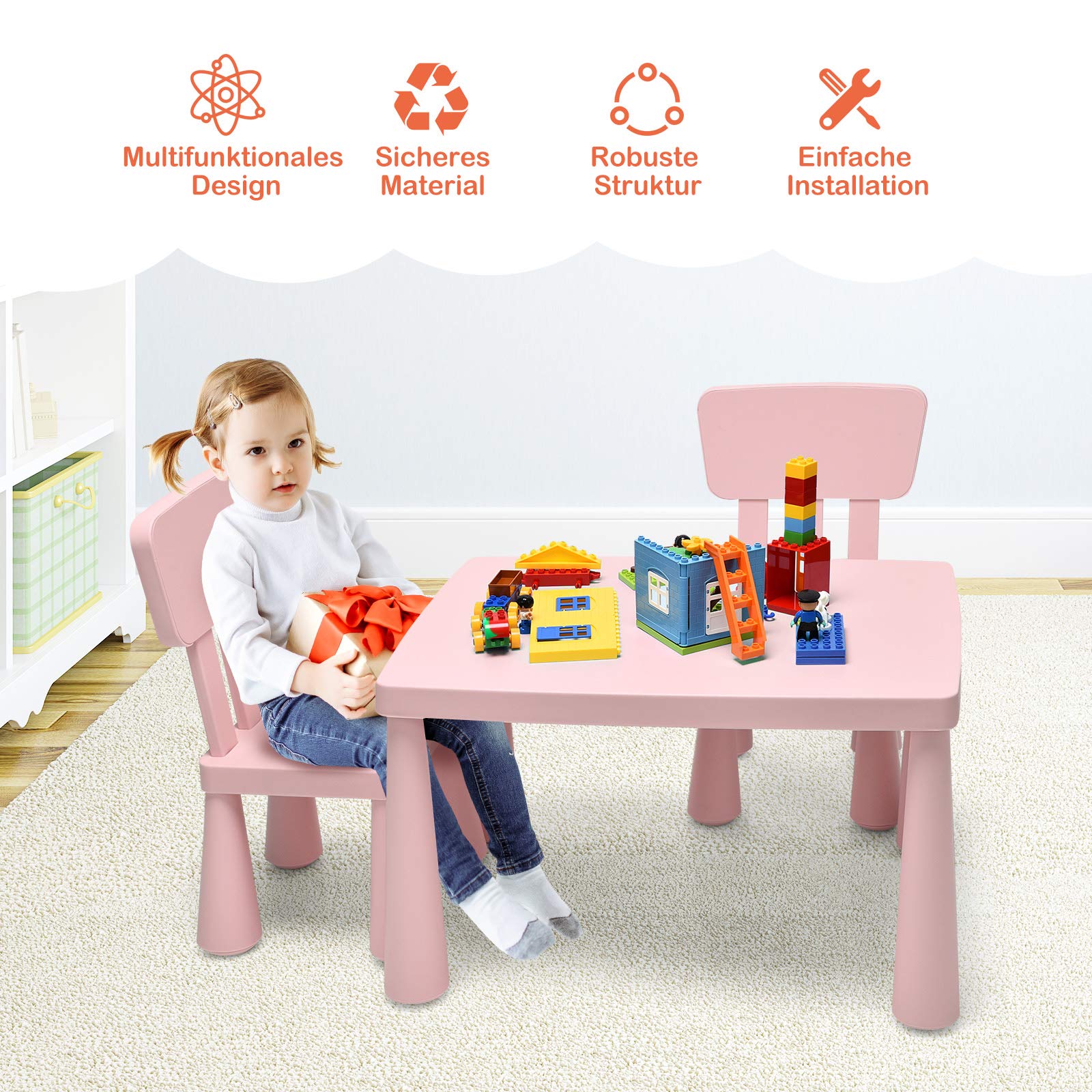 COSTWAY Conjunto de Asientos Infantiles de 3 Piezas, Mesa para niños, 2 sillas, Muebles Infantiles de plástico, Mantel Individual Infantil para jardín de Infantes y guardería (Rosa)