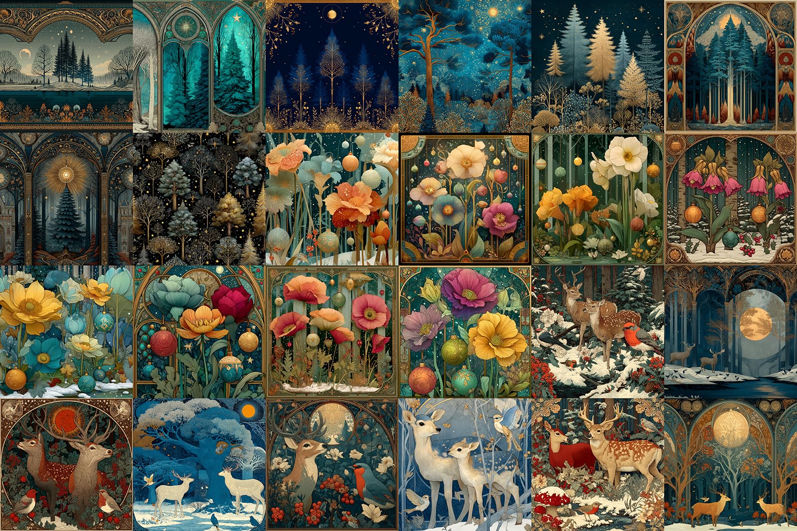 FLONZ Papier do scrapbookingu (24 arkusze 15 cm x 15 cm) Zaczarowany las Still ~ Mistyczne motywy leśne i kwiatowe w stylu inspirowanym secesją z malarskimi teksturami i głębokimi, stonowanymi tonami
