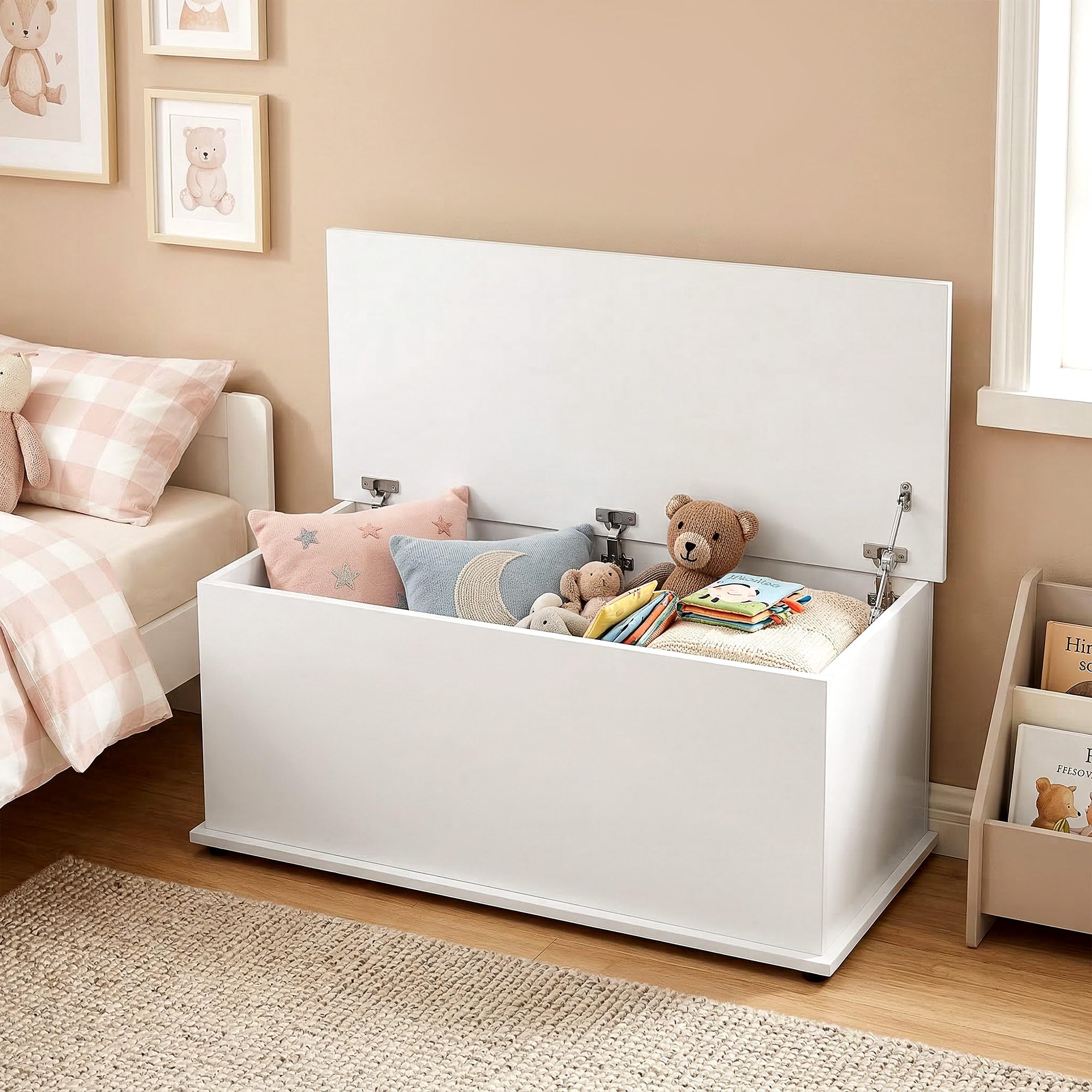 HOMCOM Coffre de Rangement Couvercle Rabattable 100x40x40 cm Blanc | Banc de Rangement, Charnières de Sécurité, Banc Chaussures, Meuble d'Entrée, Couloir, Chambre, Salon