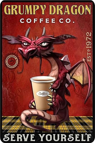 Letrero de lata con diseño de dragón para decoración de pared, diseño de dragón gruñón, con texto en inglés "Serve Yourse", letrero de metal para disponible en Yaxa Guatemala