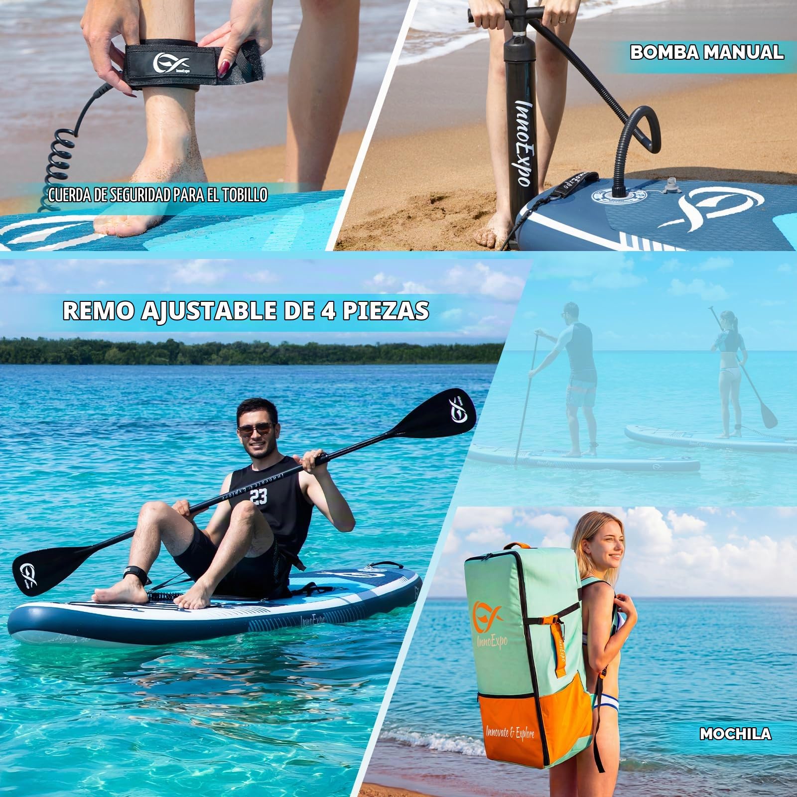 InnoExpo Tablas de remo inflables con accesorios de primera calidad, diseño de tabla de remo SUP ancha y estable, cubierta antideslizante y cómoda para jóvenes y adultos