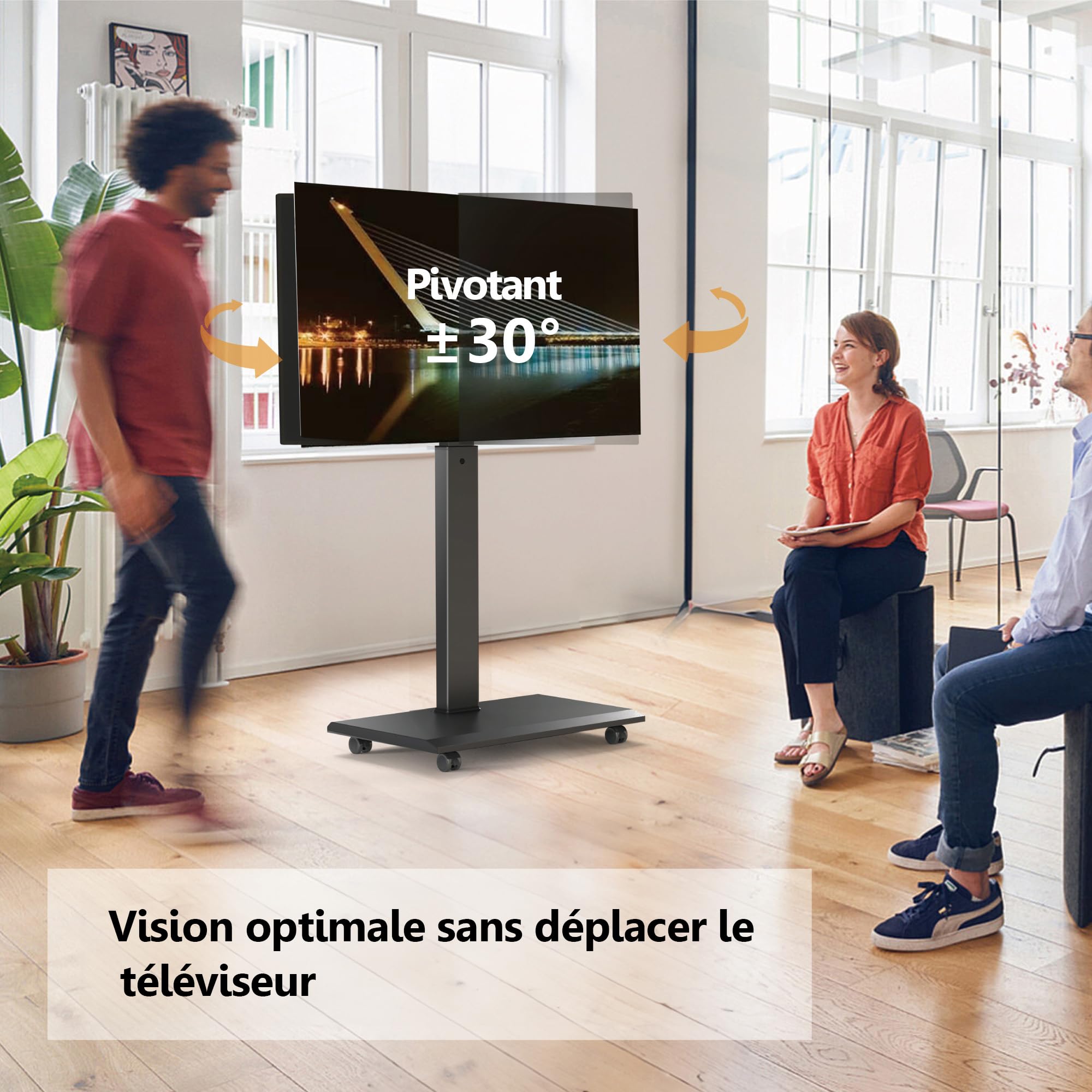 FITUEYES Support TV roulettes en Fer 32-75 Pouces Rotation 90°-Support TV Pied Pivotant 40° et 7 Réglages en Hauteur jusqu'à 40 kg-Max VESA 600x400 mm