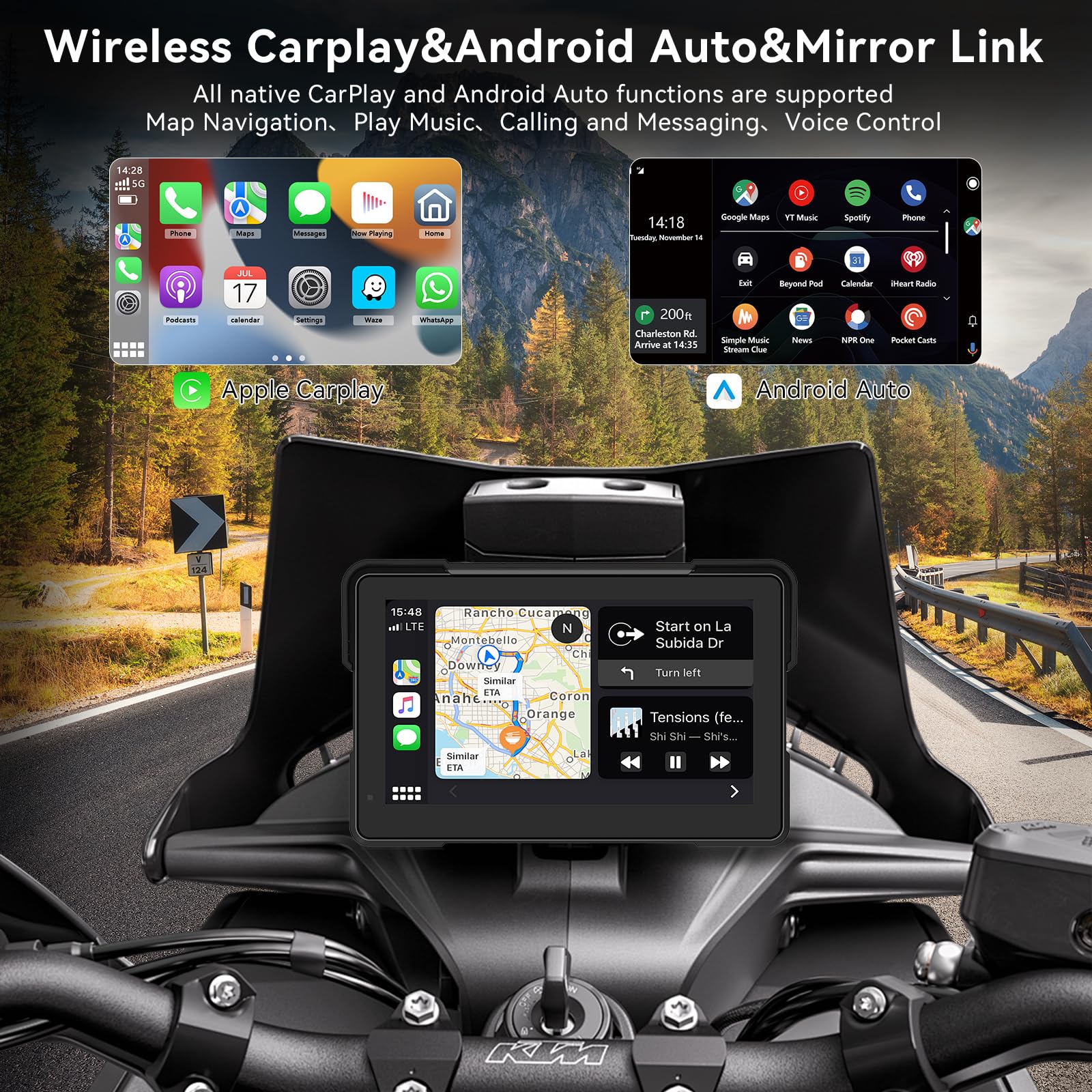 7 Pulgadas Pantalla Carplay de Motocicleta, IPX67 Impermeable, para CarPlay y Android Auto con Bluetooth Dual, Control de Voz, GPS, Detección de Presión de Neumáticos - 2
