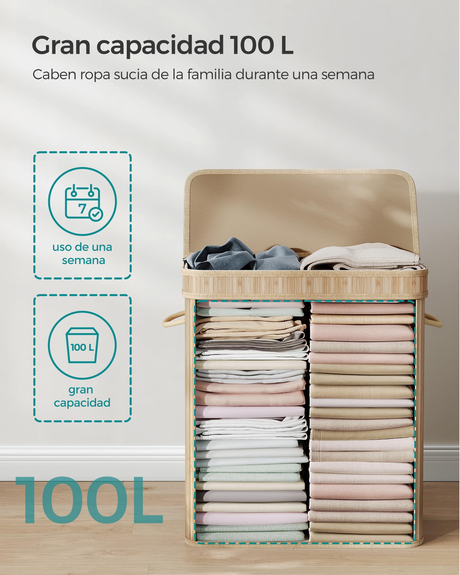 SONGMICS Cesto de lavandería con tapa, 100 L, de bambú, extraíble, lavable a máquina, con asas, para lavandería, dormitorio, baño, color natural LCB063N01