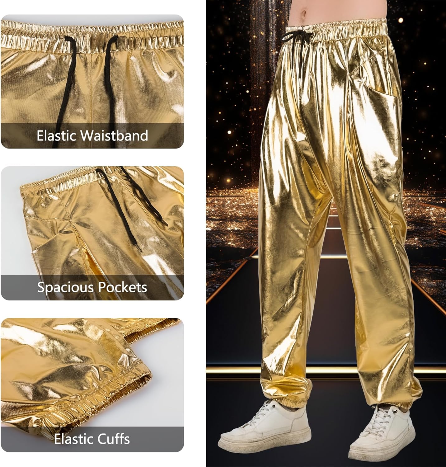 Mens Metallic Pants Disco Outfit Drawstring Waistband Rave Trousers Sequin Joggers with Pockets - Image 3
