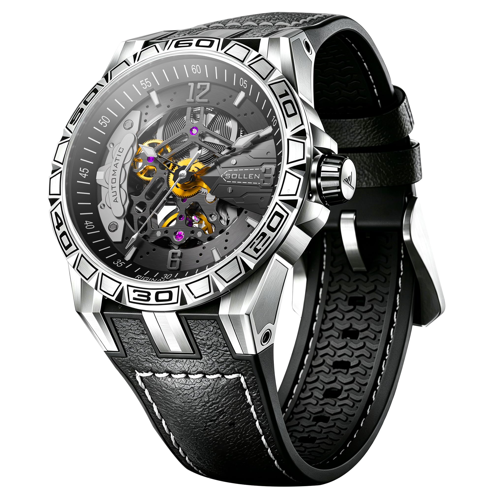 SOLLEN Skelett Uhren Herren Automatik,Mechanische Armbanduhren Herren,Klassische Minimalistische Herrenuhren Luxus,5ATM Wasserdicht Leuchtend Selbstaufzug Automatische Uhr als Geschenk für Männer