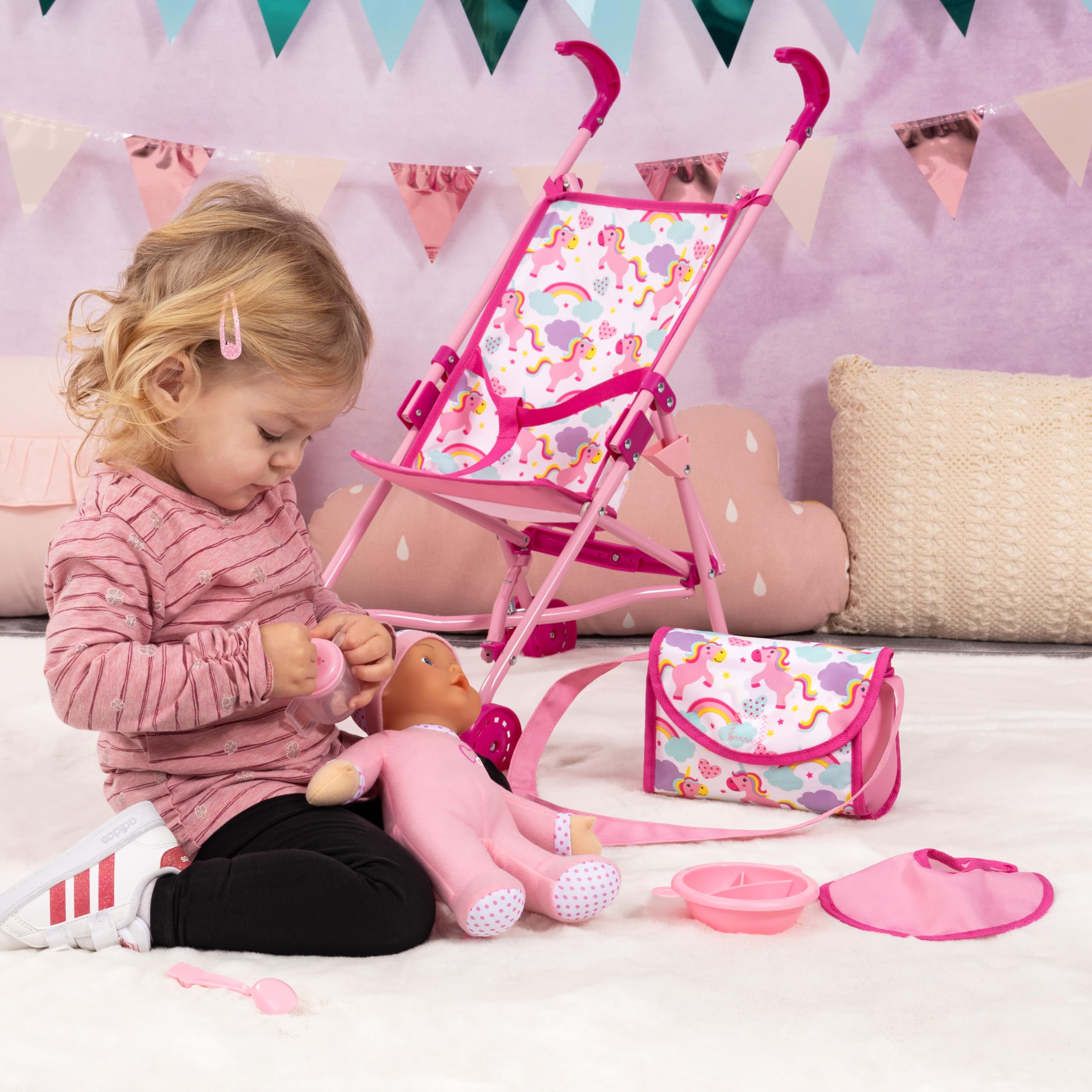 Bayer Design 30585AB passeggino pieghevole per bambole, bambola, borsa, accessori, fasciatoio