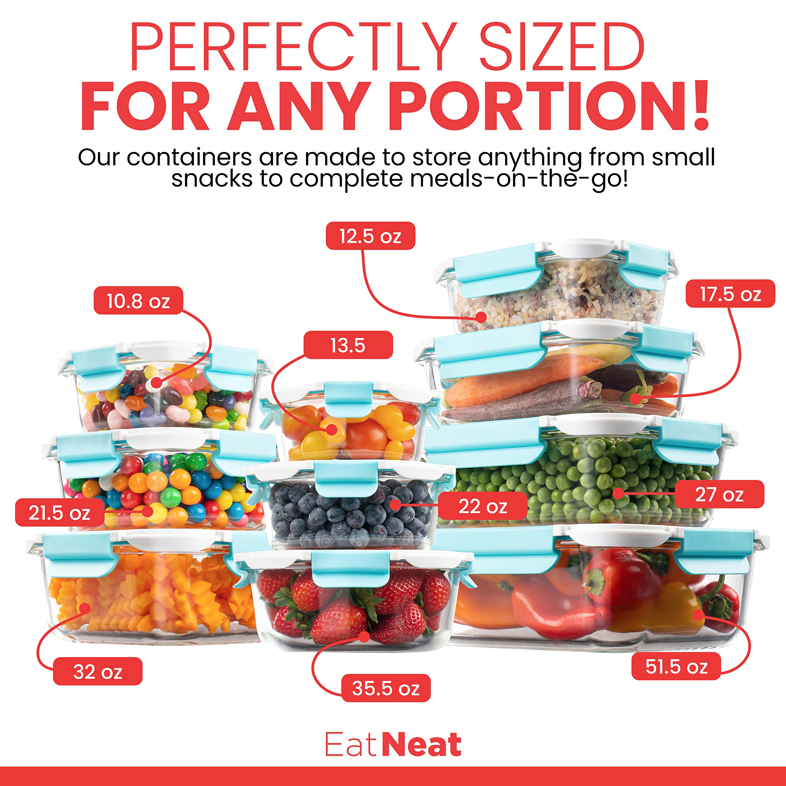 EatNeat Szklane pojemniki do przechowywania żywności z hermetycznymi pokrywkami zamykającymi, piekarnik do stołu do zamrażarki, pojemniki do przygotowywania posiłków, szklane pojemniki na lunch wielokrotnego użytku dla dorosłych, prezent ślubny