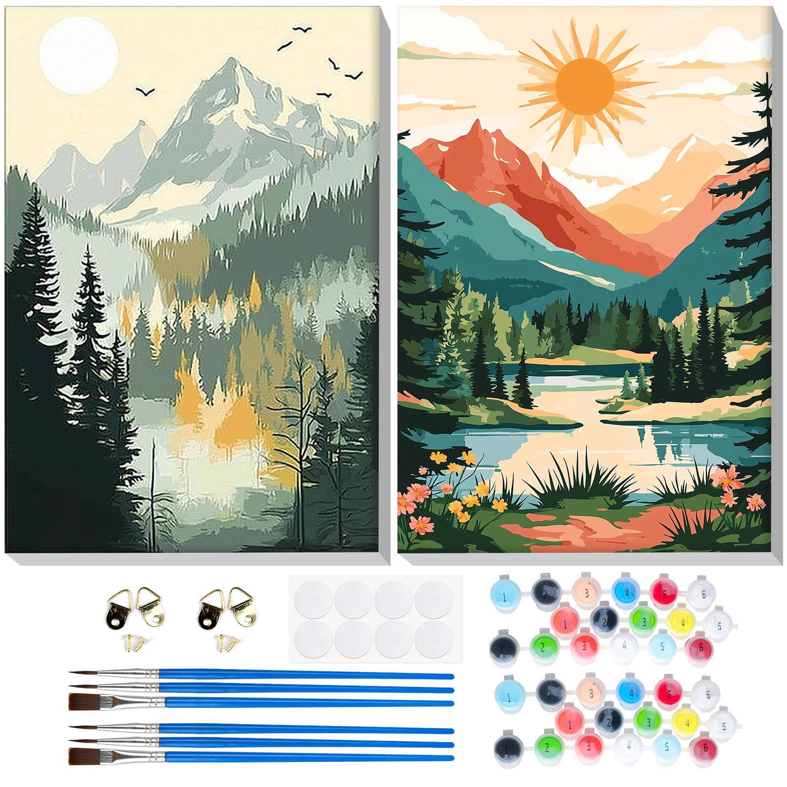 Genius maker 2 Pack Paint by Numbers Kits for Adults Beginners, Adults Paint Color by Number Kit Framed Canvas, Mountain Landscapes Easy Painting by Numbers Art Crafts 8x12inch