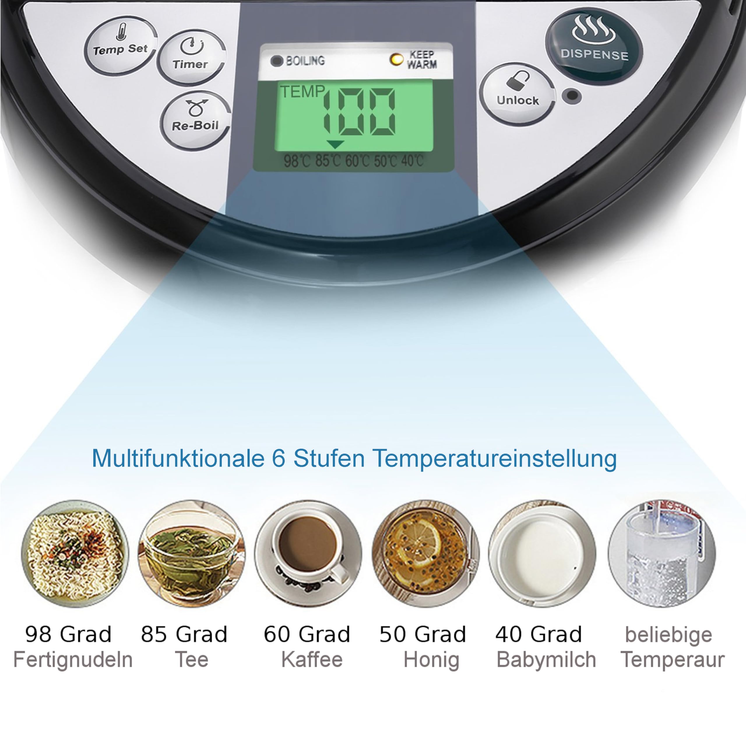 Thermopot 5 Liter | Wasserspender | LC Display | Perfekt für Glühwein geeignet | Edelstahl Heißwasserspender | Wasserkocher Glühweinkocher Dispender | Teekocher | Thermoskanne | Glühweinspender