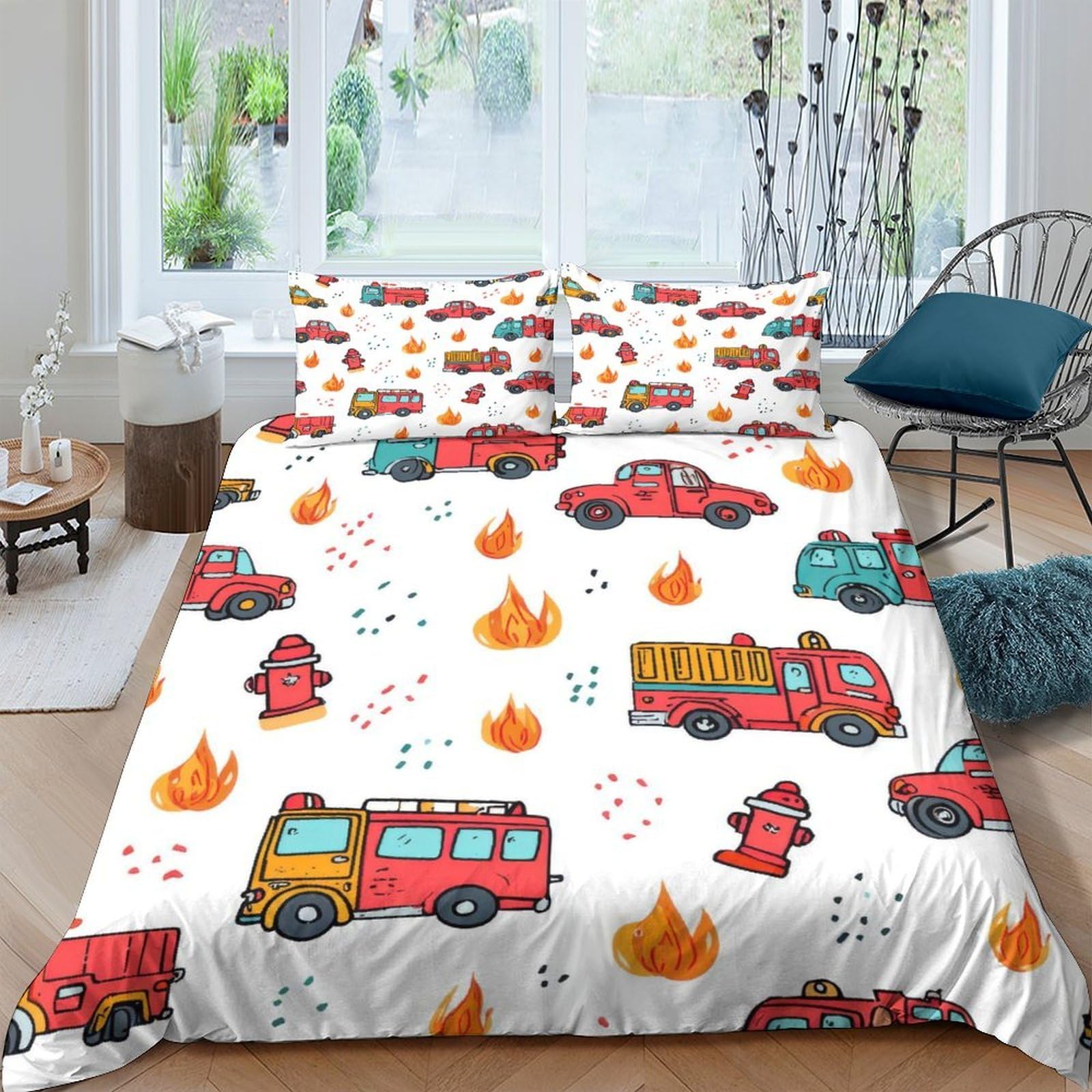 Ctjqhvkz Style-1 3D Printed Fire Truck Fitted Sheet Microfiber Flame Car Mattress Cover For Bedroom Dorm Machine Washable Decor Single（135X200cm）